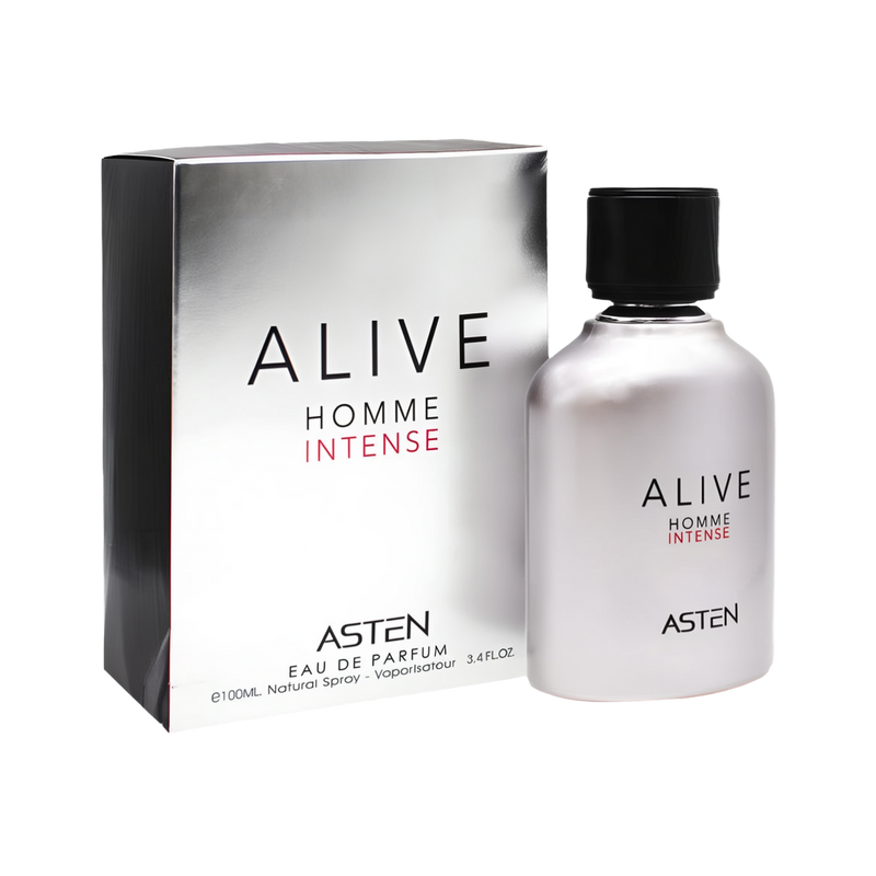 A sleek, metallic silver bottle of Alive Homme Intense Eau de Parfum by Asten with a black cap, shown next to its matching reflective silver box displaying the product name in black and red lettering.