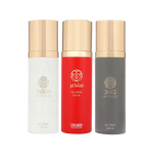 This image displays a trio of All Over Spray bottles from DKHAN Fragrances, each containing 100 ml of product. From left to right: the first bottle is white with a gold cap and the 'TABGH INTENSE' label in a clear font; the middle bottle is vibrant red with a gold cap and labeled 'club INTENSE' in white lettering; the third bottle is a dark grey with a gold cap and the '3MQ INTENSE' label. Each bottle features the DKHAN Fragrances logo—a stylized heart within a diamond shape—above the label.
