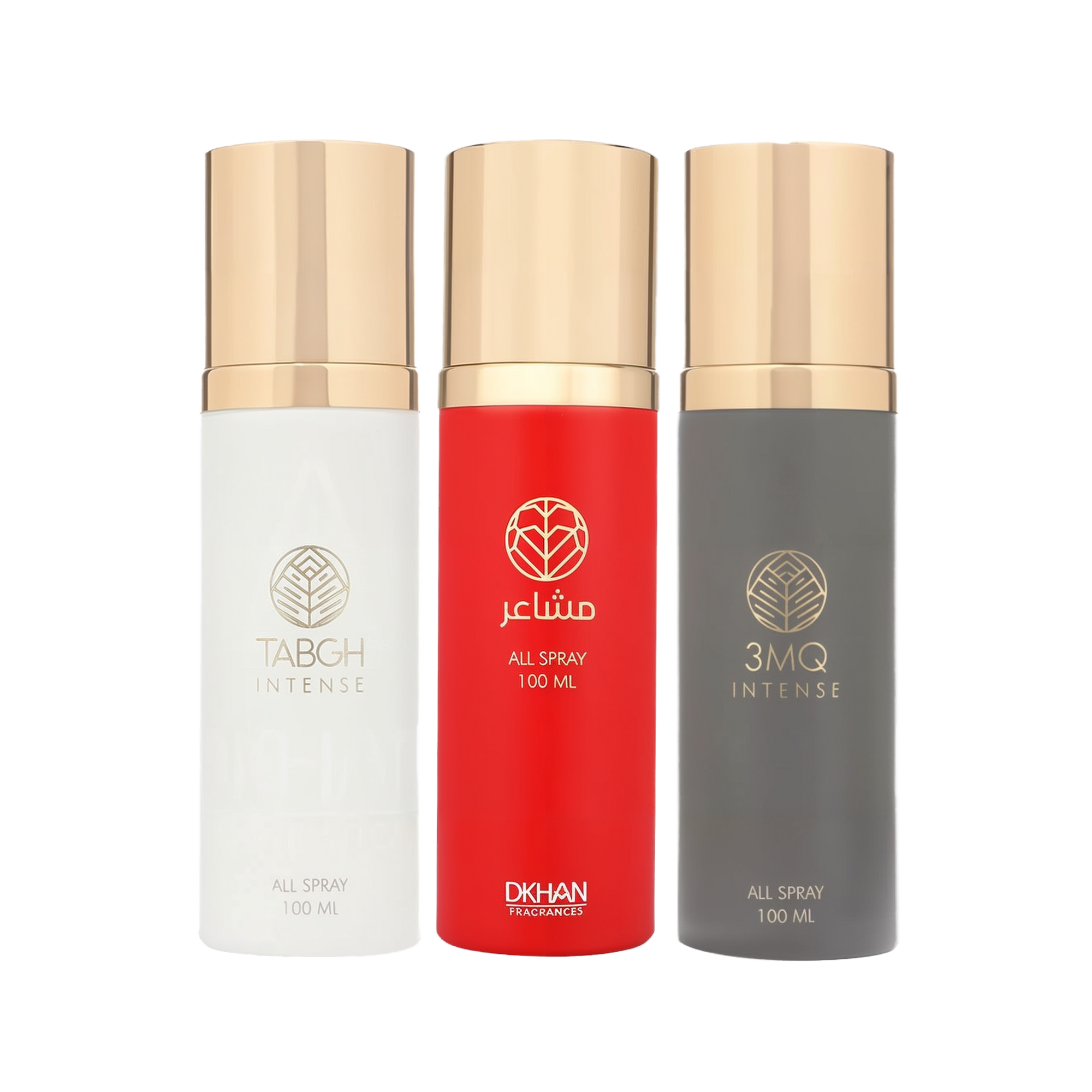 This image displays a trio of All Over Spray bottles from DKHAN Fragrances, each containing 100 ml of product. From left to right: the first bottle is white with a gold cap and the 'TABGH INTENSE' label in a clear font; the middle bottle is vibrant red with a gold cap and labeled 'club INTENSE' in white lettering; the third bottle is a dark grey with a gold cap and the '3MQ INTENSE' label. Each bottle features the DKHAN Fragrances logo—a stylized heart within a diamond shape—above the label.