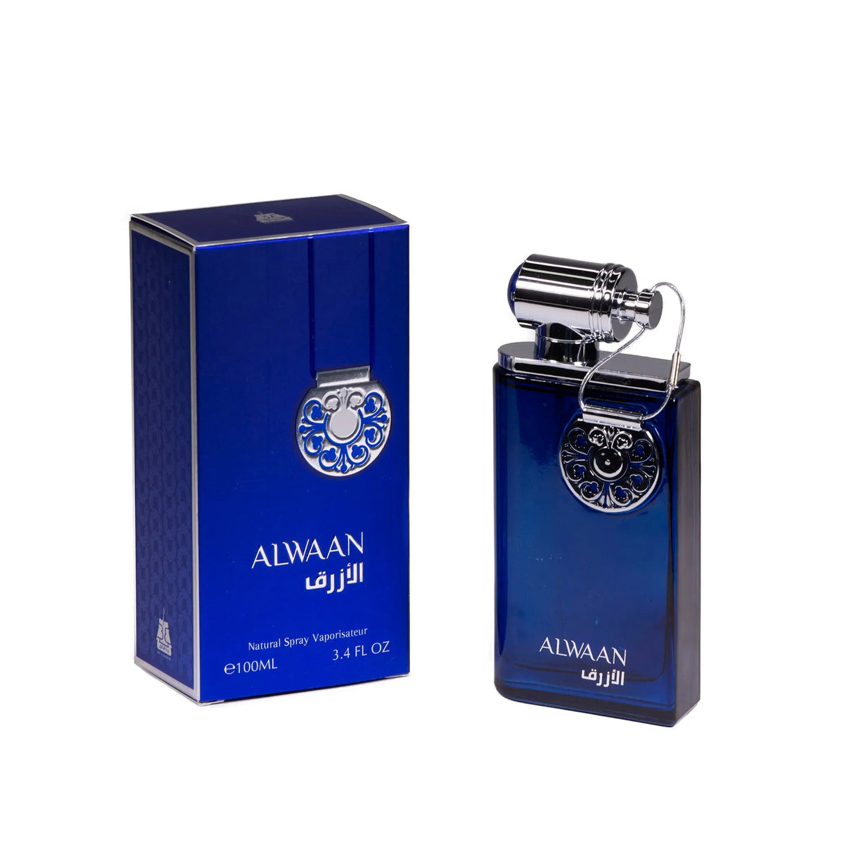 The image shows a bottle of Alwaan eau de parfum and its accompanying packaging. The perfume bottle is a deep blue color with a decorative silver emblem and a unique cap that resembles a lock and key mechanism, suggesting a theme of exclusivity or treasure. The front of the bottle has the name "ALWAAN" above the Arabic script. The packaging is a matching blue box with a similar emblem and the text "ALWAAN" in white, along with the Arabic translation.