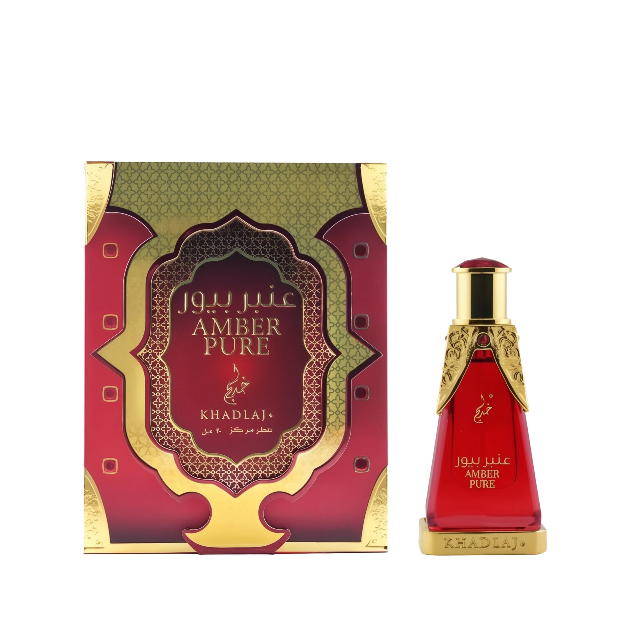 A red-and-gold rectangular box labeled 'Amber Pure' stands beside a matching red glass perfume bottle with ornate gold accents and 'Khadlaj' branding.