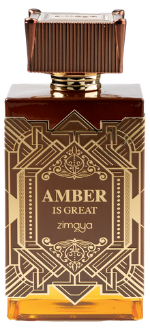 Brown Zimaya Amber Is Great perfume bottle with gold geometric design.