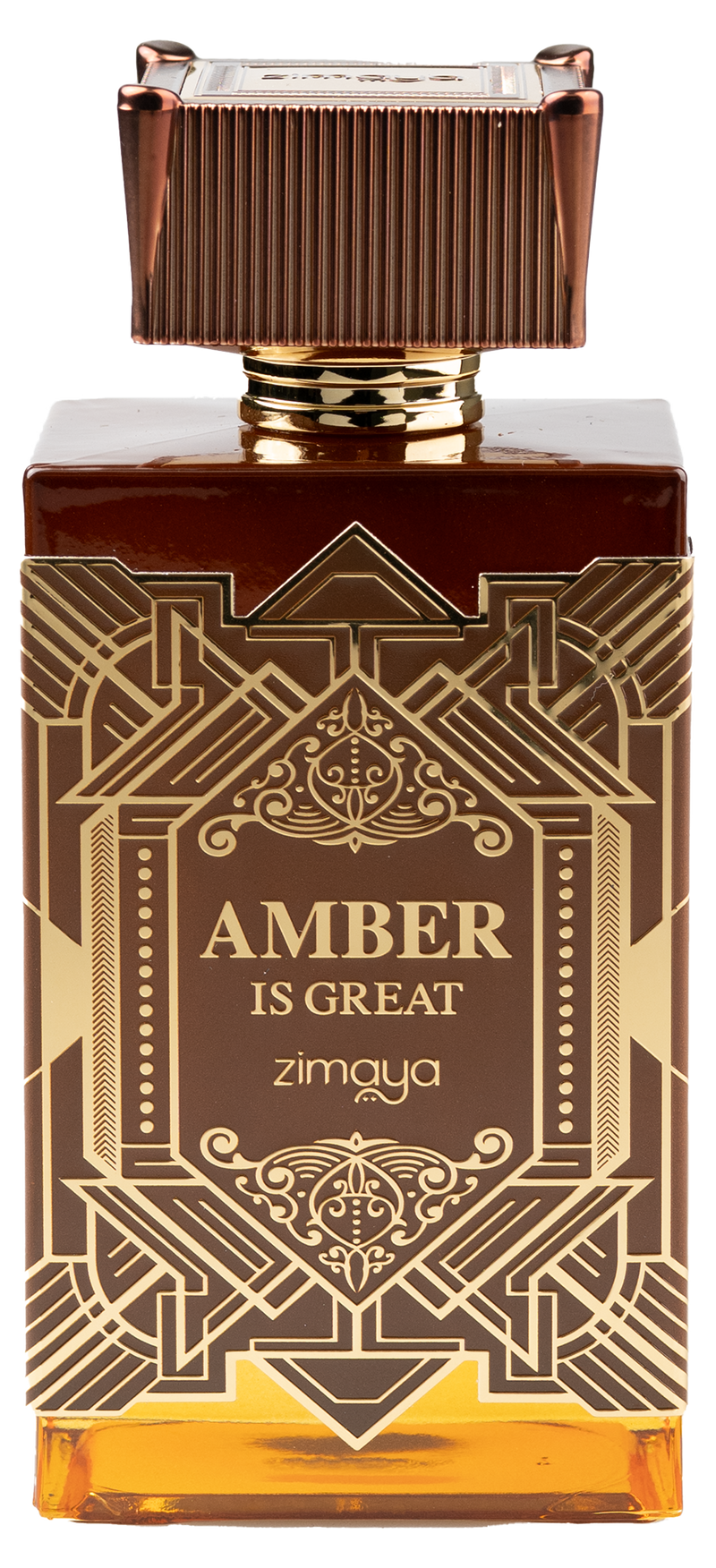 Brown Zimaya Amber Is Great perfume bottle with gold geometric design.