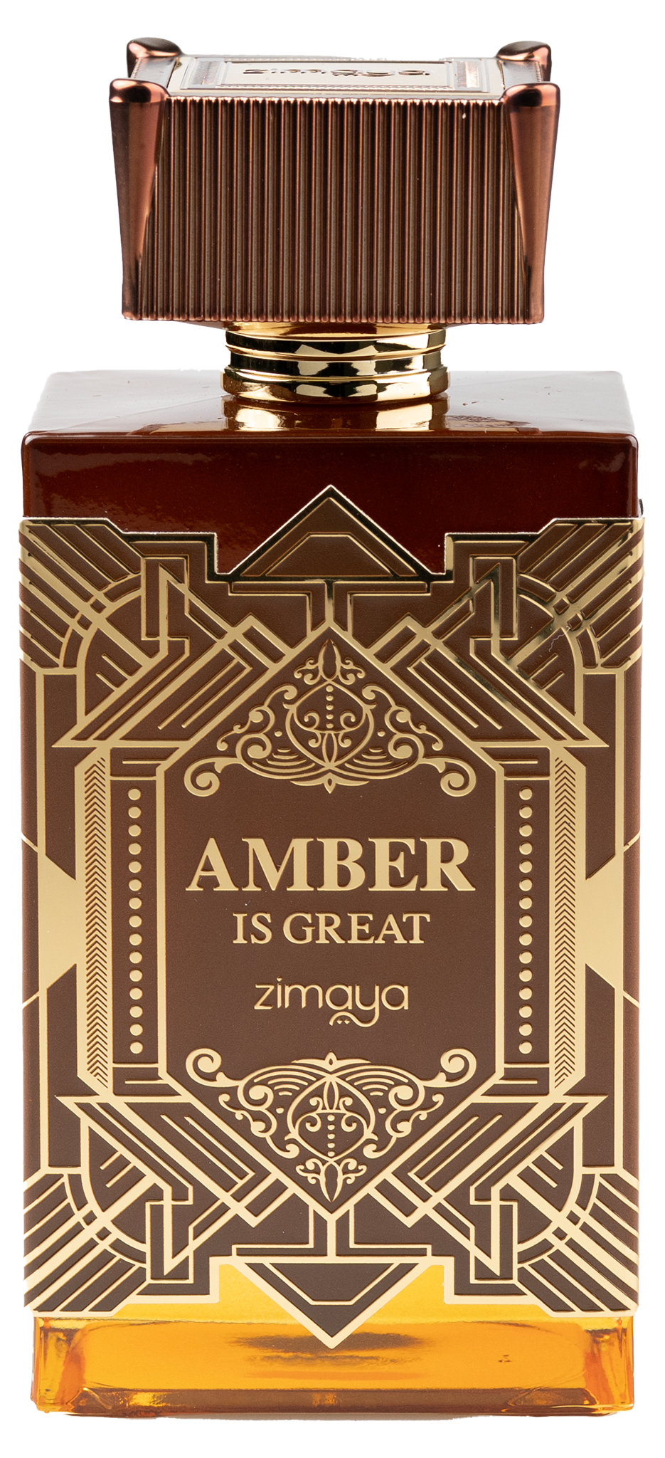 Brown Zimaya Amber Is Great perfume bottle with gold geometric design.