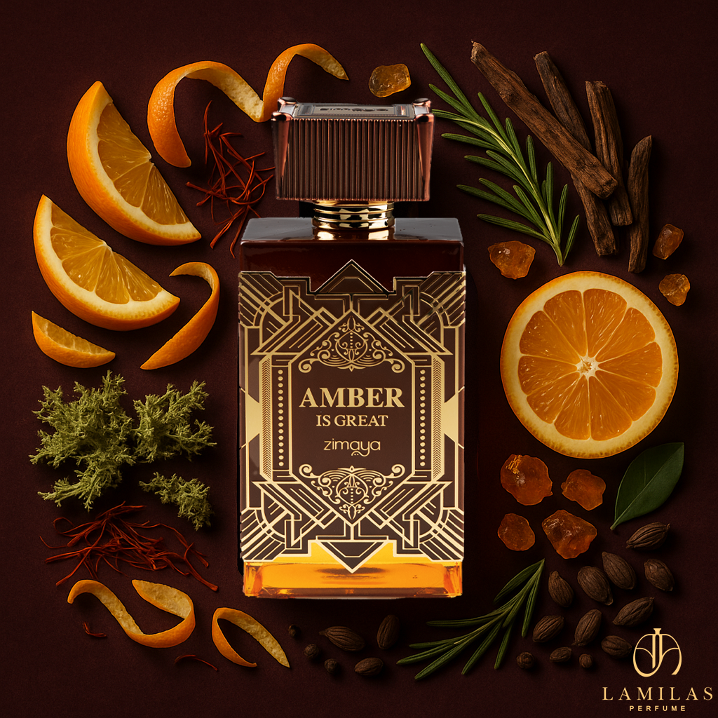 Zimaya Amber Is Great perfume bottle surrounded by orange slices, herbs, and spices.