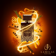 Zimaya Amber Is Great perfume bottle with glowing swirl of citrus and spices.