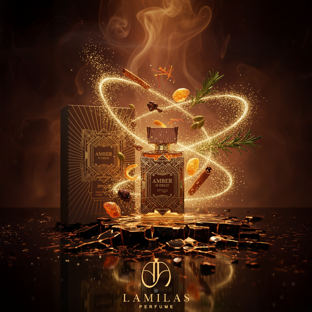 Zimaya Amber Is Great perfume bottle with box, spices, and golden sparkles.