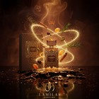 Zimaya Amber Is Great perfume bottle with box, spices, and golden sparkles.