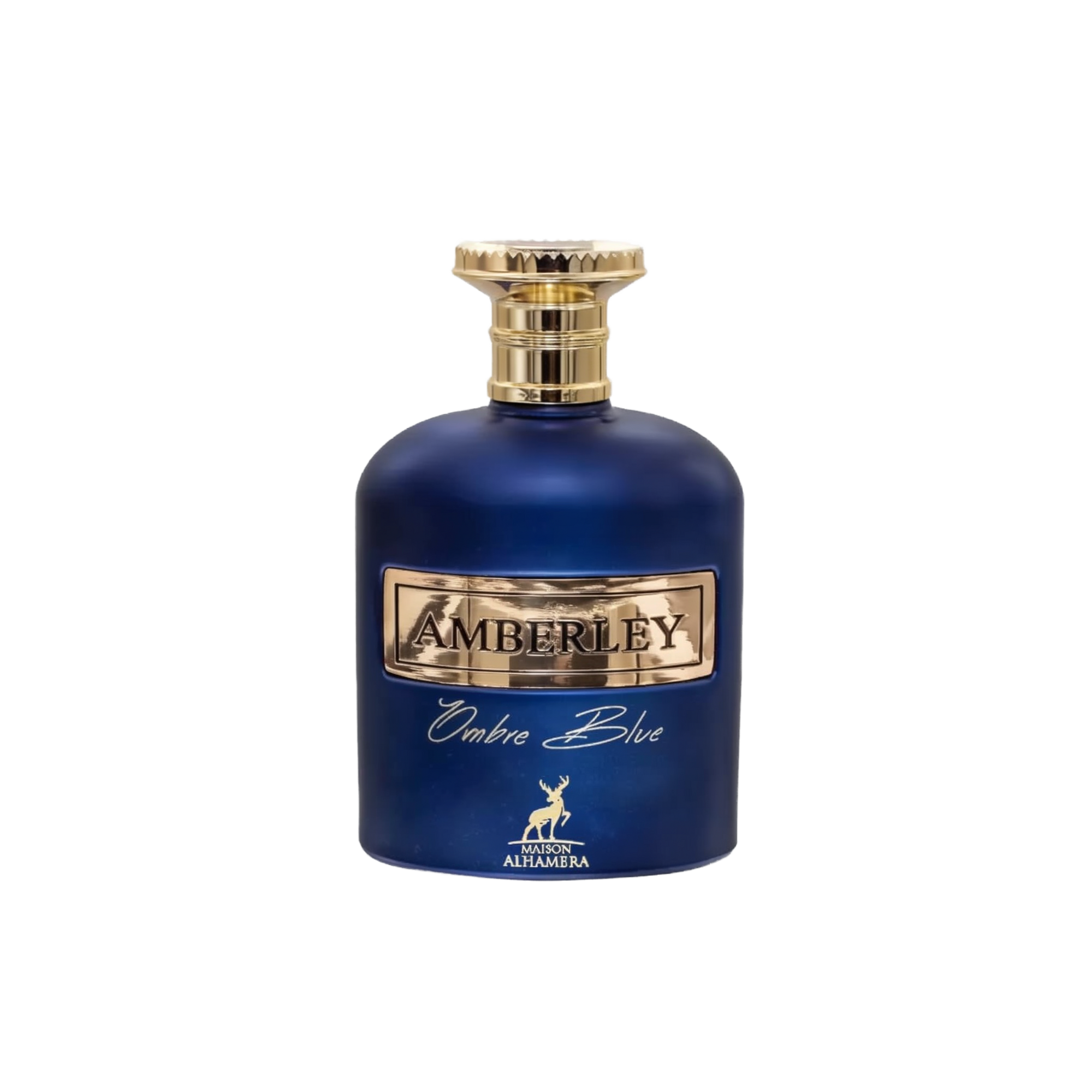 The bottle is a deep cobalt blue with a smooth, rounded shape. It has a metallic gold label with the name "AMBERLEY" embossed in the center. Below the main label, in elegant script, is the name "Ombre Blue." A small, gold stag emblem is placed at the bottom center of the bottle, indicating the logo for "MAISON ALHAMBRA." The cap of the bottle is gold with a textured design, resembling a crown or cog. 