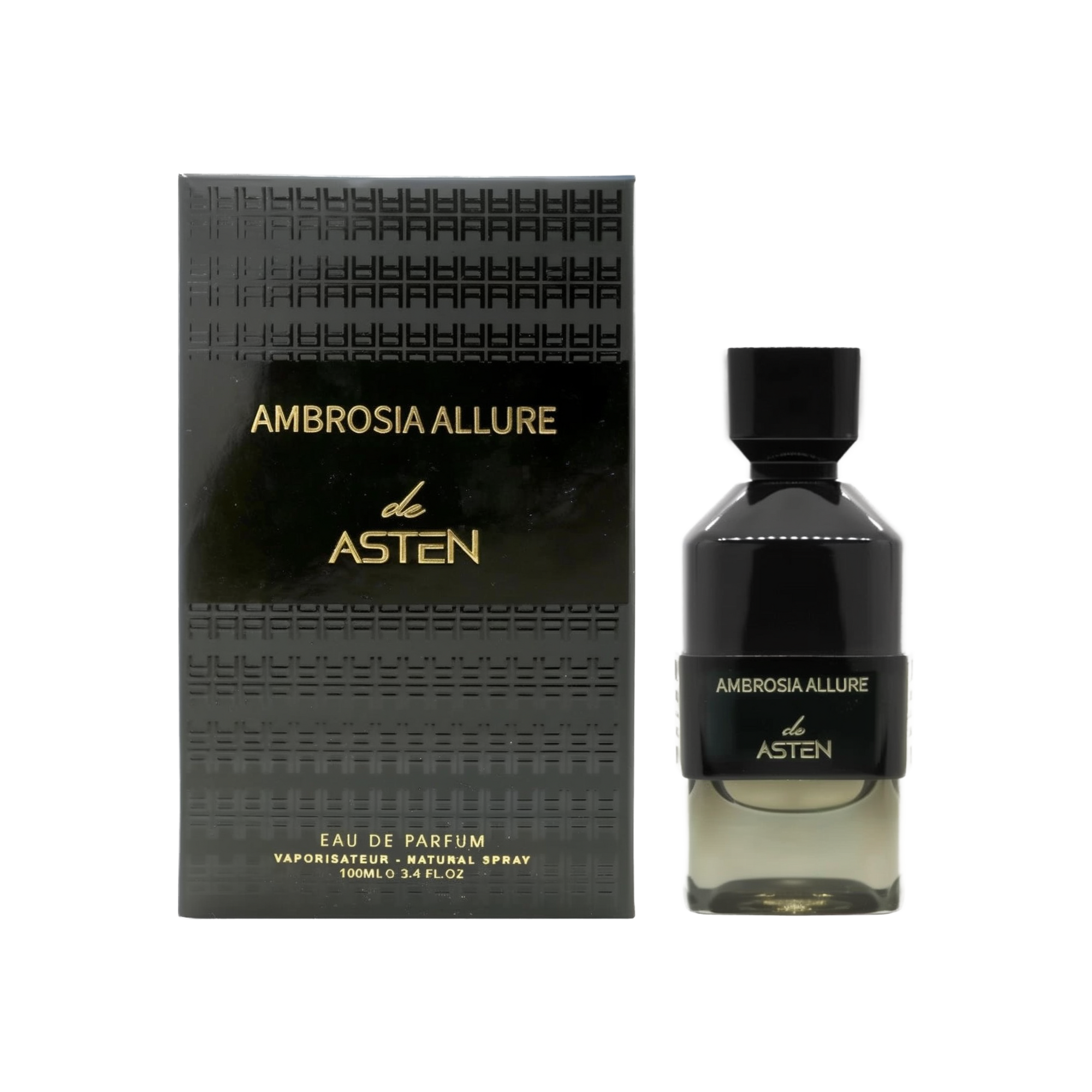 A sleek black perfume box embossed with a subtle pattern and adorned with gold lettering, shown next to a matching black glass bottle featuring the label “Ambrosia Allure De Asten” in gold. The bottle has a geometric, faceted cap and contains a warm, amber-toned fragrance inside.