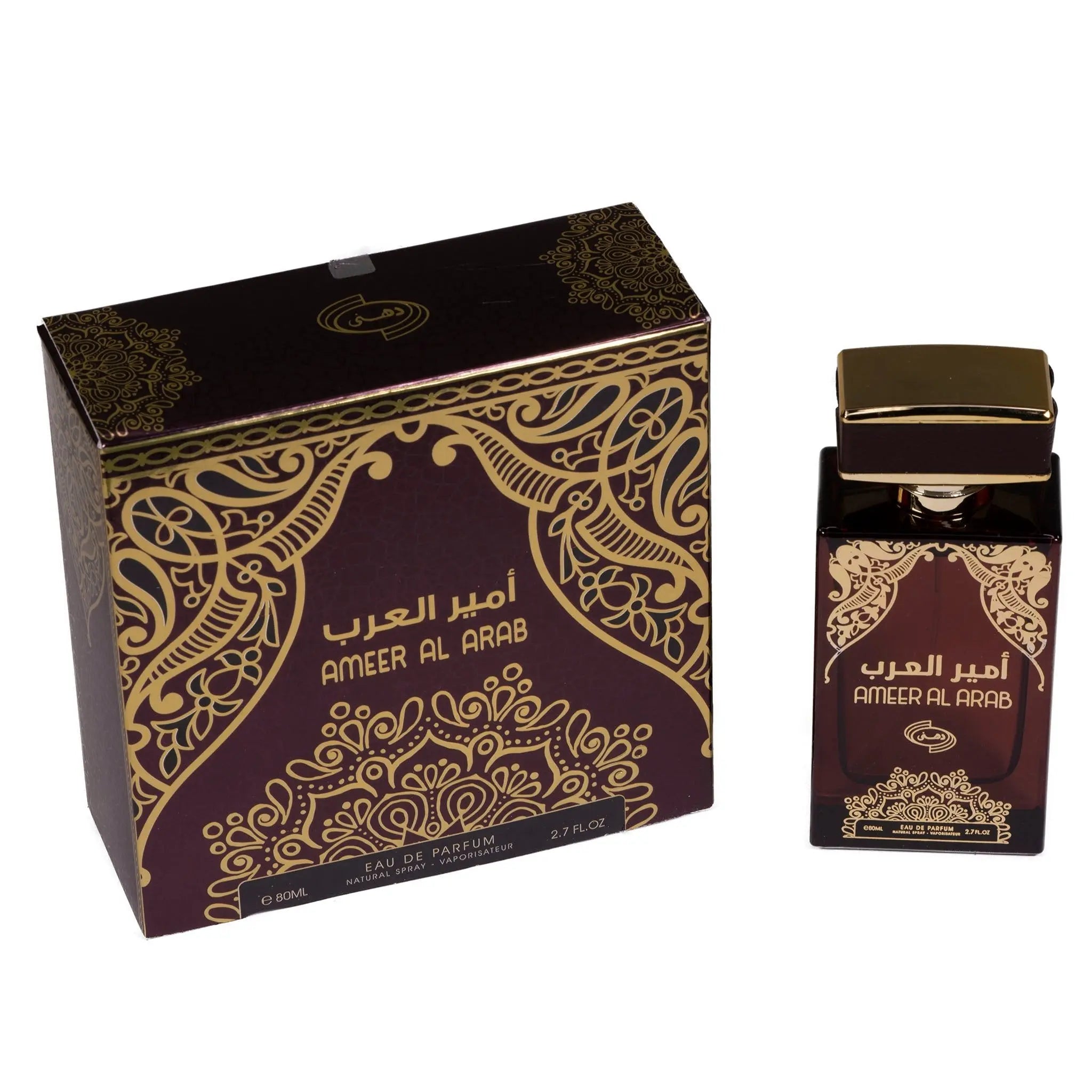 A dark brown glass perfume bottle with a gold and black cap, labeled "AMEER AL ARAB" in both Arabic and English script. The bottle is placed next to its box, which has a maroon background with intricate gold Arabic patterns and calligraphy. The box also has the text "AMEER AL ARAB," the volume "80ML EAU DE PARFUM 2.7 FL.OZ," and a logo on top. Both items are on a plain white background.