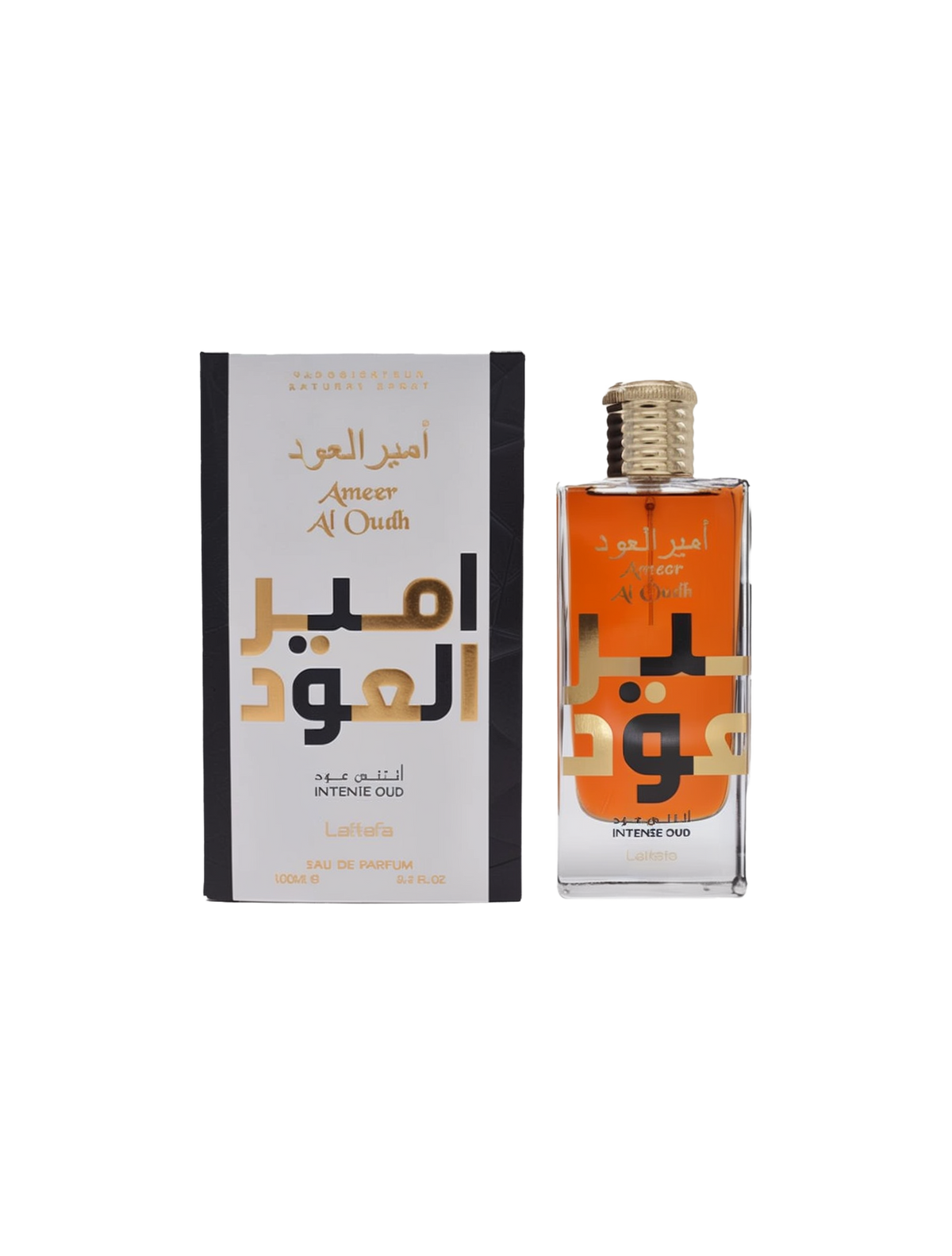 Image of Ameer Al Oudh Intense Oud by Lattafa, a unisex oriental Eau De Parfum. The perfume bottle is rectangular with a gold cap and features Arabic script and the name 'Ameer Al Oudh' in English. The packaging box is white with black and gold accents, displaying the same text in Arabic and English