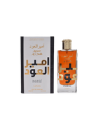 Image of Ameer Al Oudh Intense Oud by Lattafa, a unisex oriental Eau De Parfum. The perfume bottle is rectangular with a gold cap and features Arabic script and the name 'Ameer Al Oudh' in English. The packaging box is white with black and gold accents, displaying the same text in Arabic and English