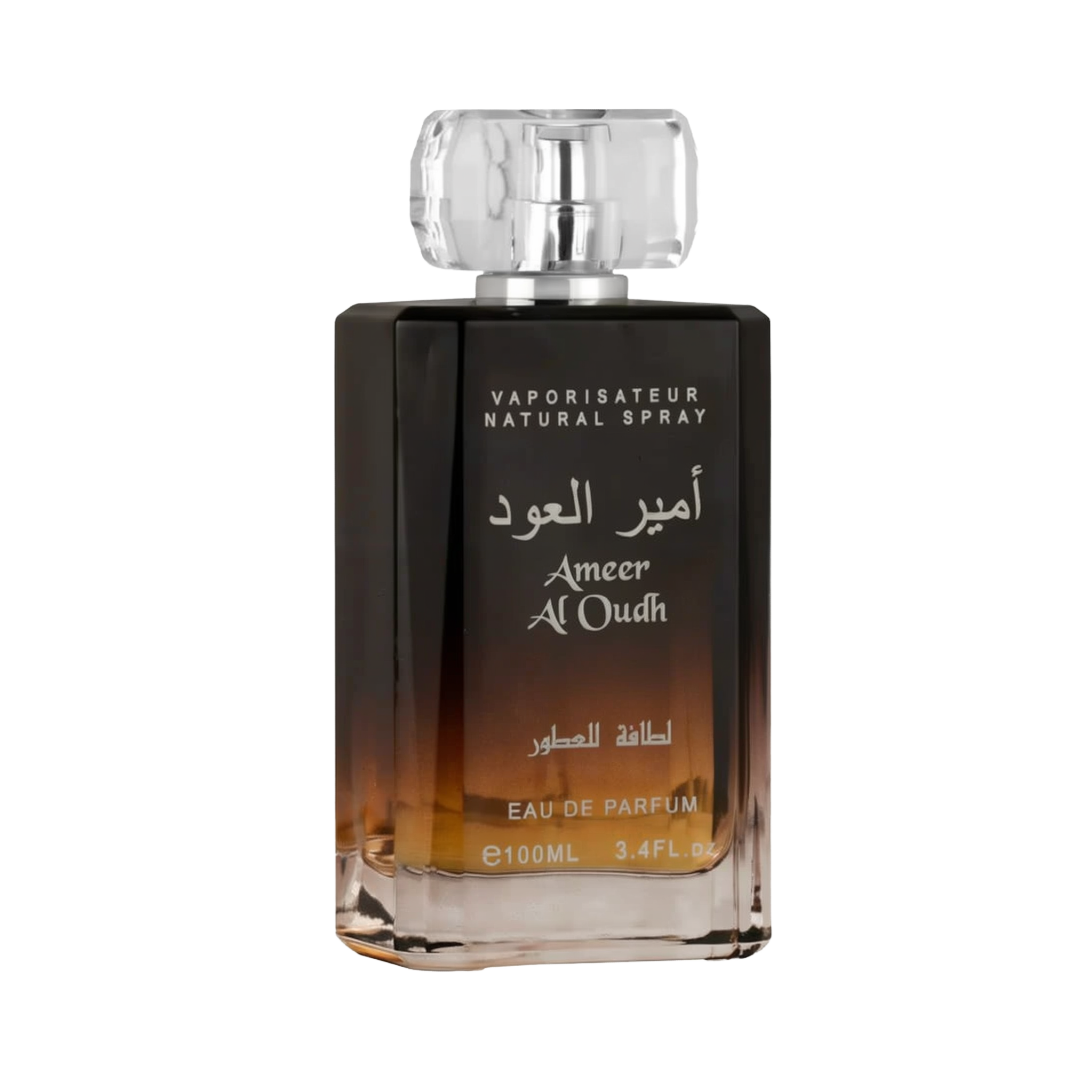 A close-up view of the Ameer Al Oudh by Lattafa Perfumes bottle. The perfume bottle has a gradient color scheme, transitioning from light amber at the base to dark brown towards the top. The bottle has a clear, faceted cap and silver text in both Arabic a
