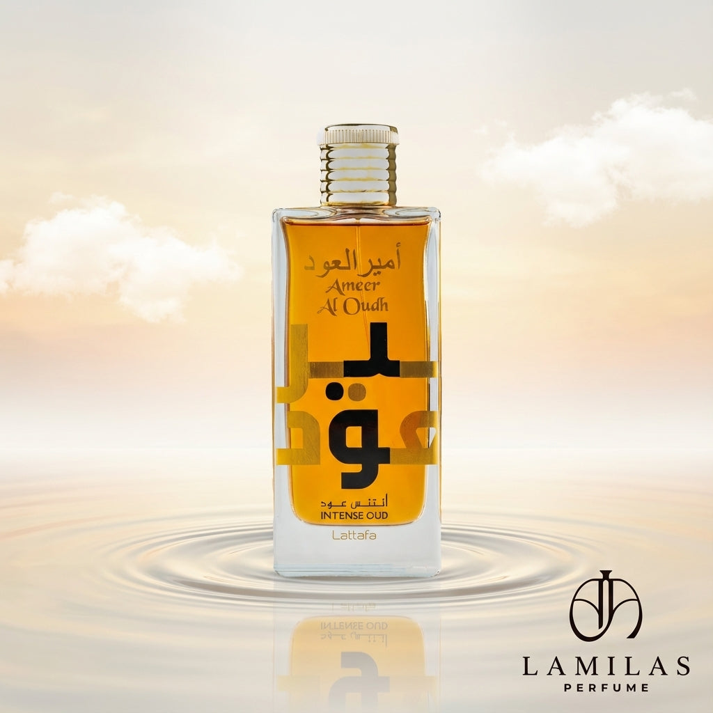Lattafa Ameer Al Oudh Intense Oud perfume bottle with gold lettering and bold Arabic script, reflected in rippling water under a warm sky.lattafa-ameer-al-oudh-intense-oud-perfume-bottle.jpg