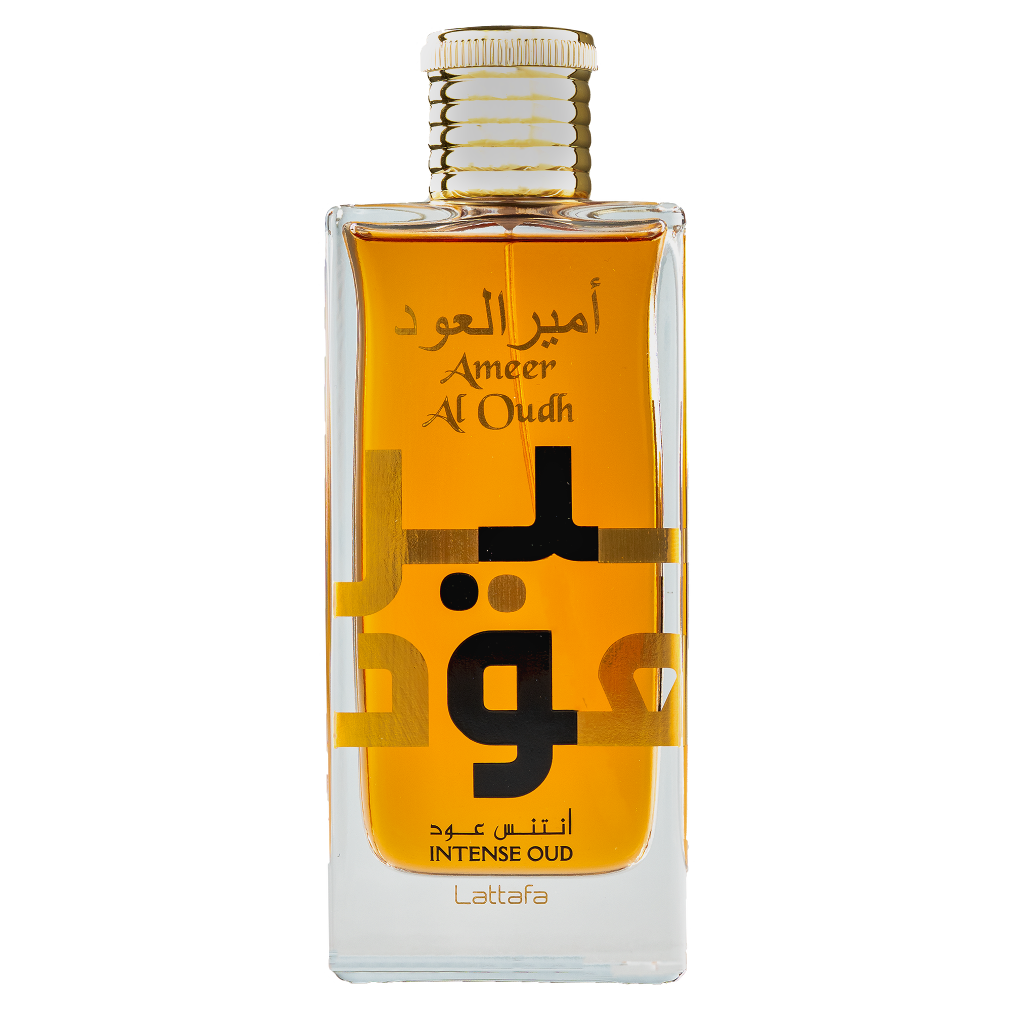 Lattafa Ameer Al Oudh Intense Oud perfume bottle featuring an amber liquid, gold cap, and large Arabic lettering.