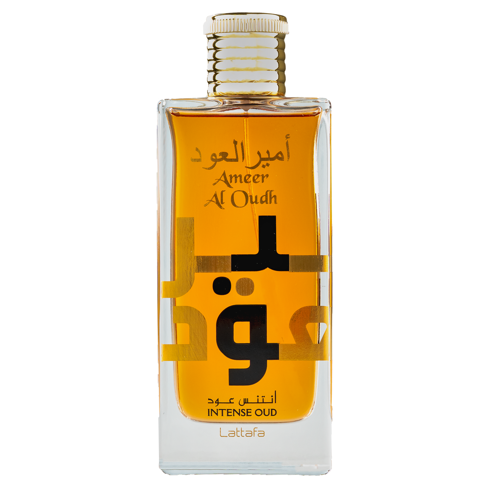 Lattafa Ameer Al Oudh Intense Oud perfume bottle featuring an amber liquid, gold cap, and large Arabic lettering.