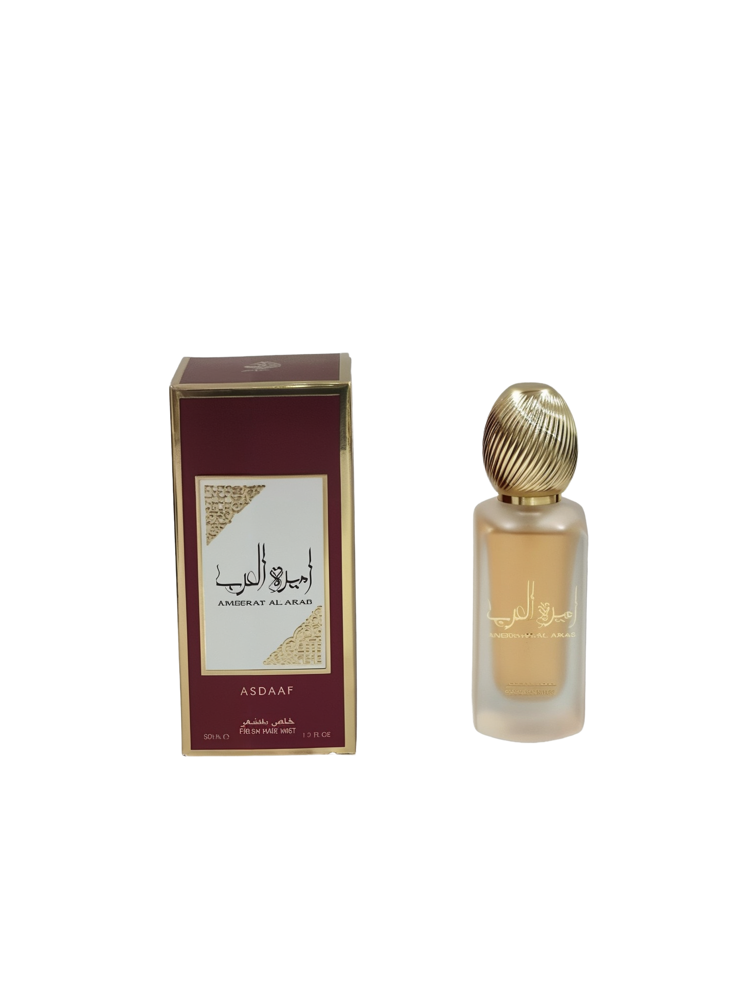  The image displays a maroon and gold packaging box alongside a frosted glass perfume bottle with a gold ribbed cap. The box has the name "AMEERAT AL ARAB" in white against a gold background on both the English and Arabic scripts, with the brand "ASDAAF" below it. Below on the box, it states "50ML / FRESH HAIR MIST / 1.7 FL.OZ."