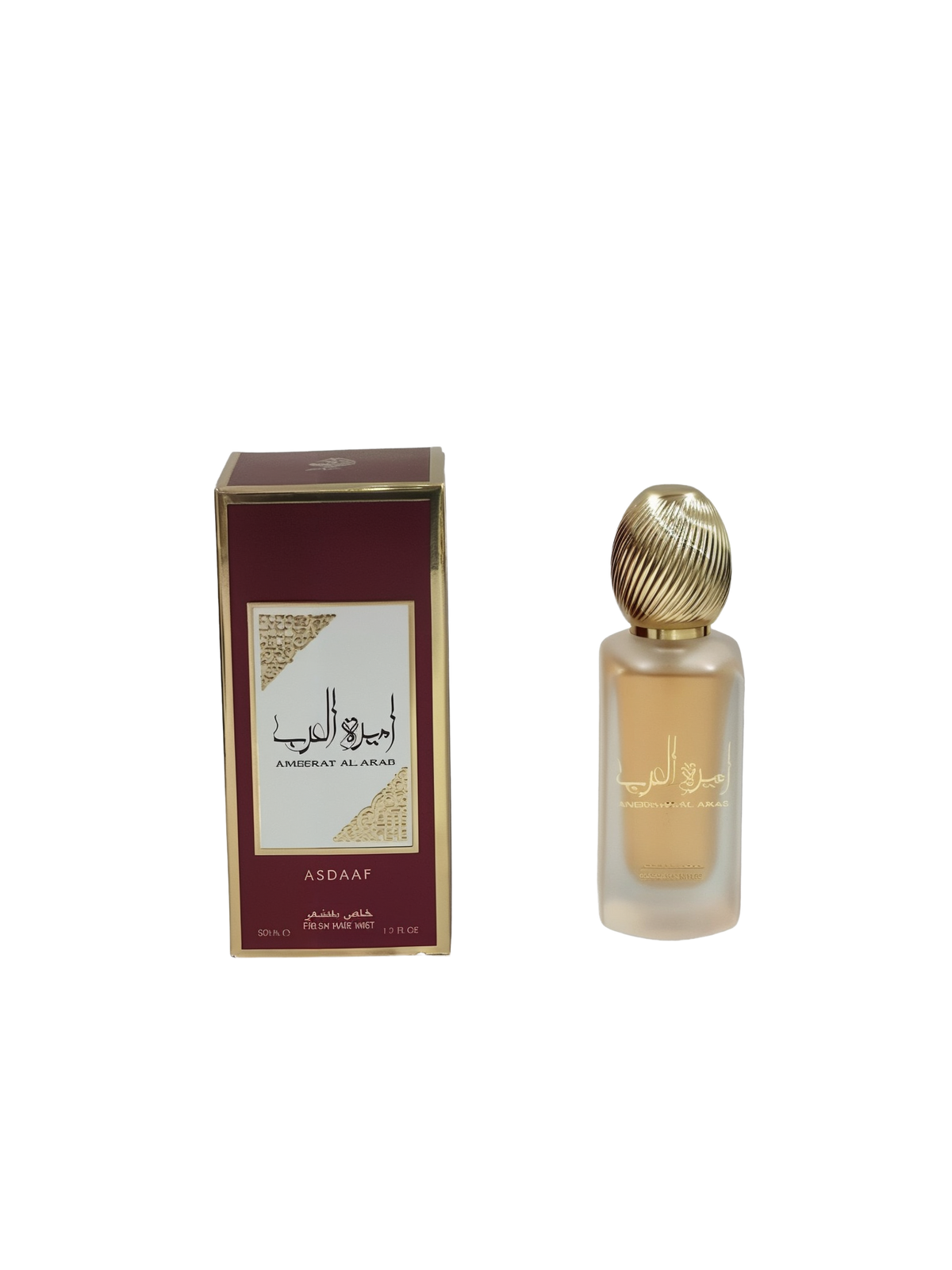  The image displays a maroon and gold packaging box alongside a frosted glass perfume bottle with a gold ribbed cap. The box has the name "AMEERAT AL ARAB" in white against a gold background on both the English and Arabic scripts, with the brand "ASDAAF" below it. Below on the box, it states "50ML / FRESH HAIR MIST / 1.7 FL.OZ."