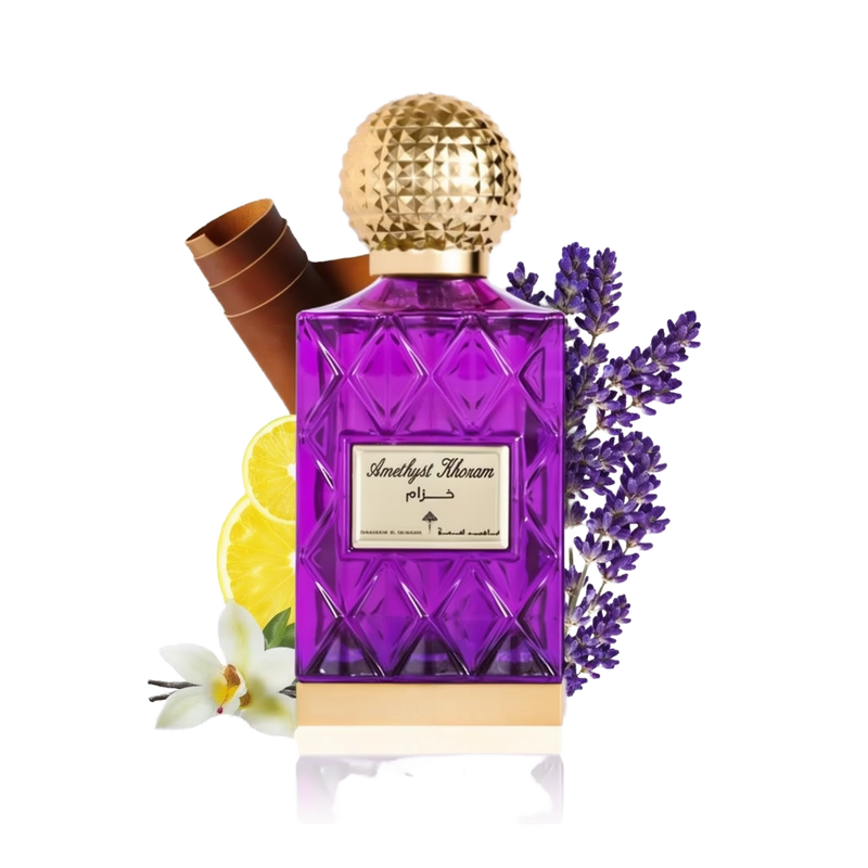 The image depicts a vibrant purple glass perfume bottle with a textured gold cap, labeled "Amethyst Khozam" in both Arabic and English script, suggesting the fragrance's name by the brand Ibraheem Al Qurashi. The bottle has a faceted design, reminiscent of cut amethyst gemstones. Accompanying the bottle are elements that hint at the scent's composition: a bundle of cinnamon sticks to the left, a slice of lemon in front, a white orchid flower at the bottom, and sprigs of lavender to the right.