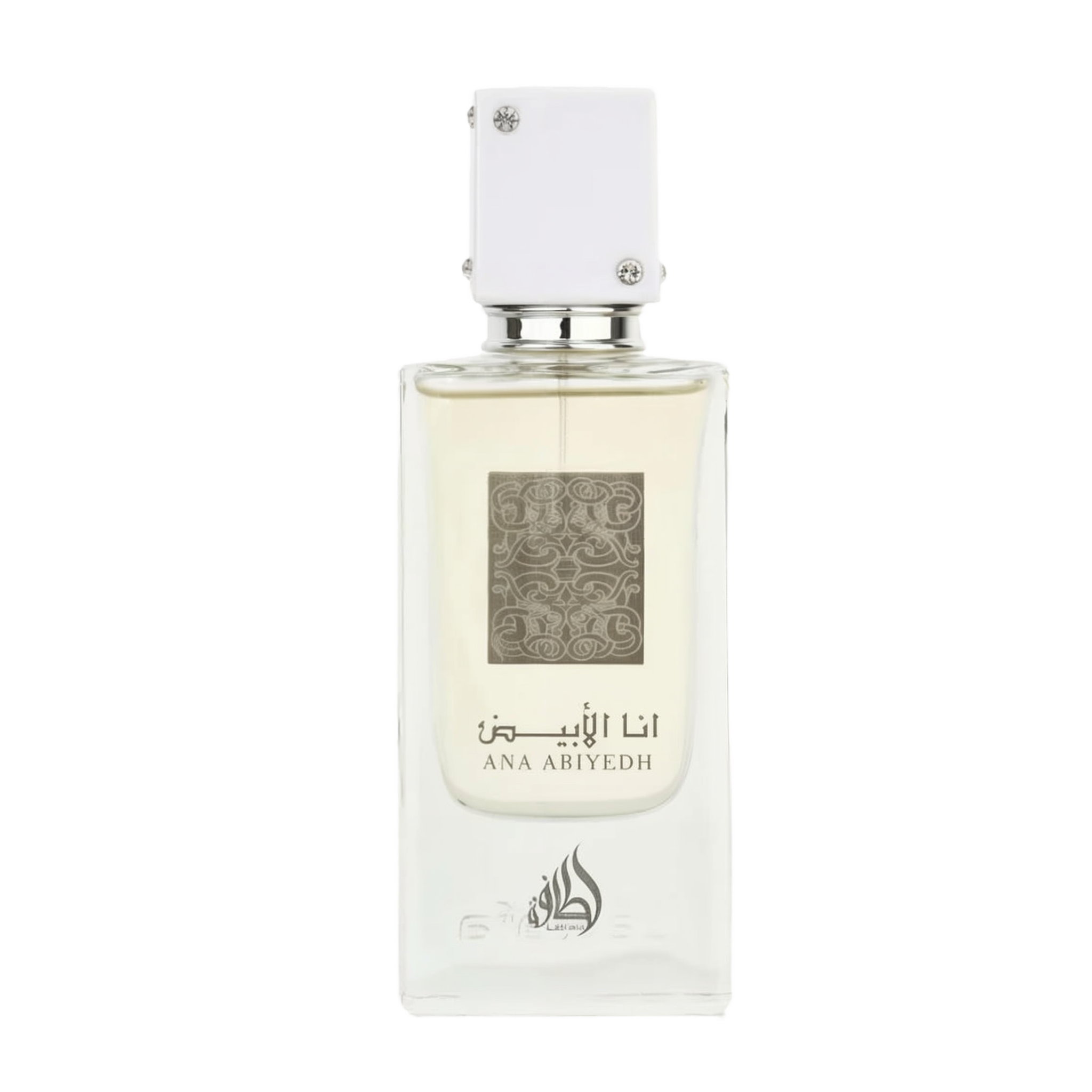A clear rectangular bottle of Ana Abiyedh Eau de Parfum by Ard Al Zaafaran Lattafa Perfumes. The bottle features a minimalist design with a white cap adorned with small silver accents. The front of the bottle displays intricate silver patterns along with the fragrance name "Ana Abiyedh" in both Arabic and English.