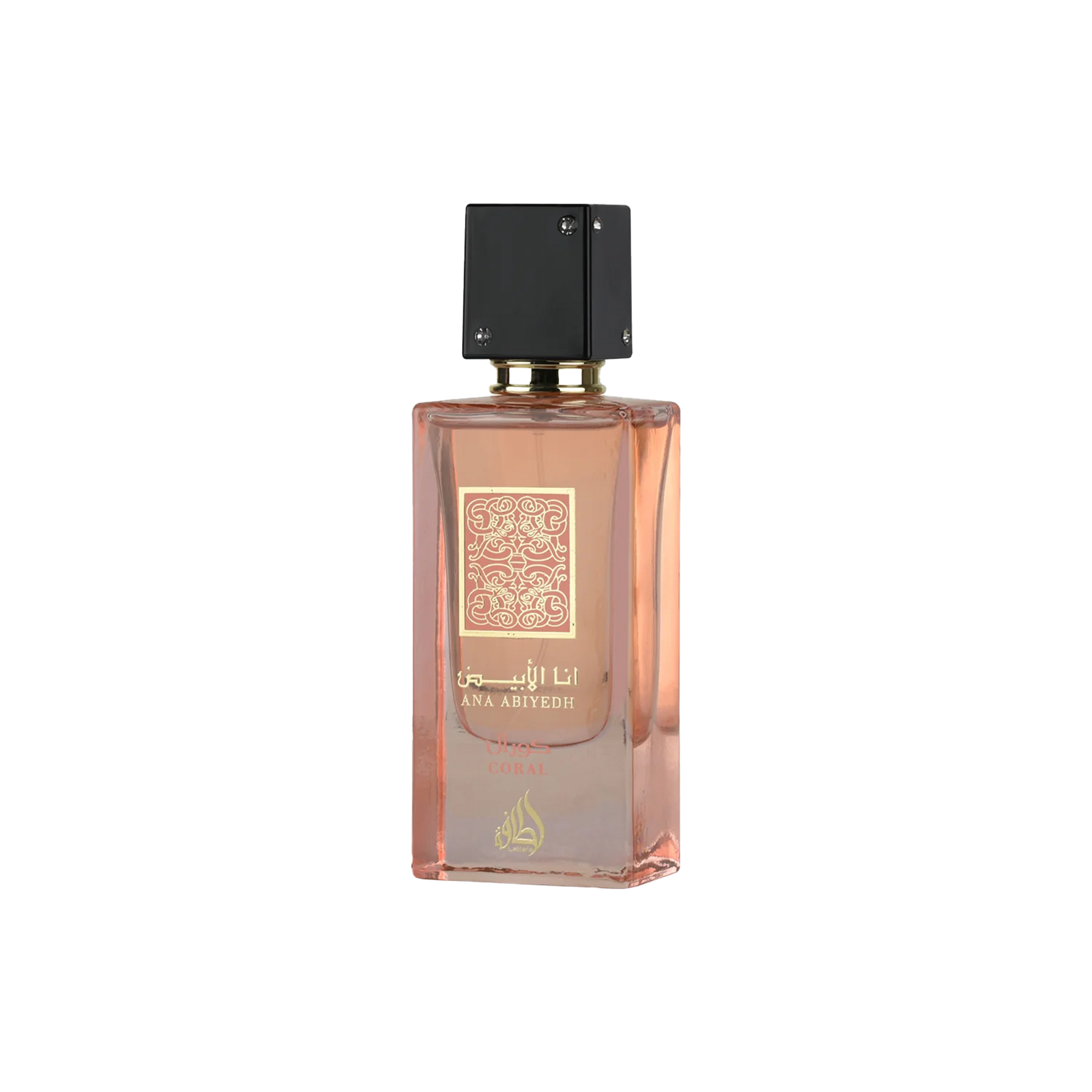 Ana Abiyedh Coral perfume in elegant peach bottle with gold detailing and sleek black cap.