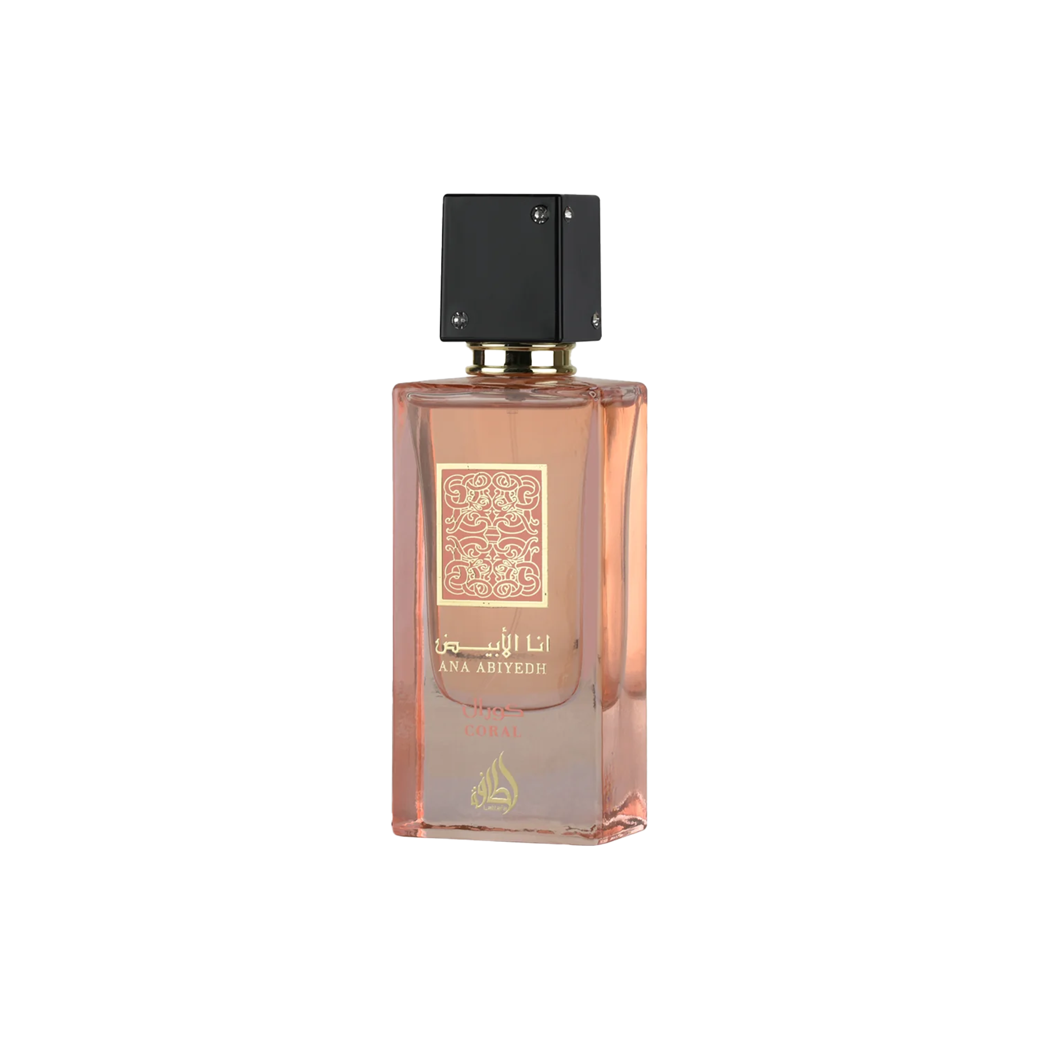 Ana Abiyedh Coral perfume in elegant peach bottle with gold detailing and sleek black cap.