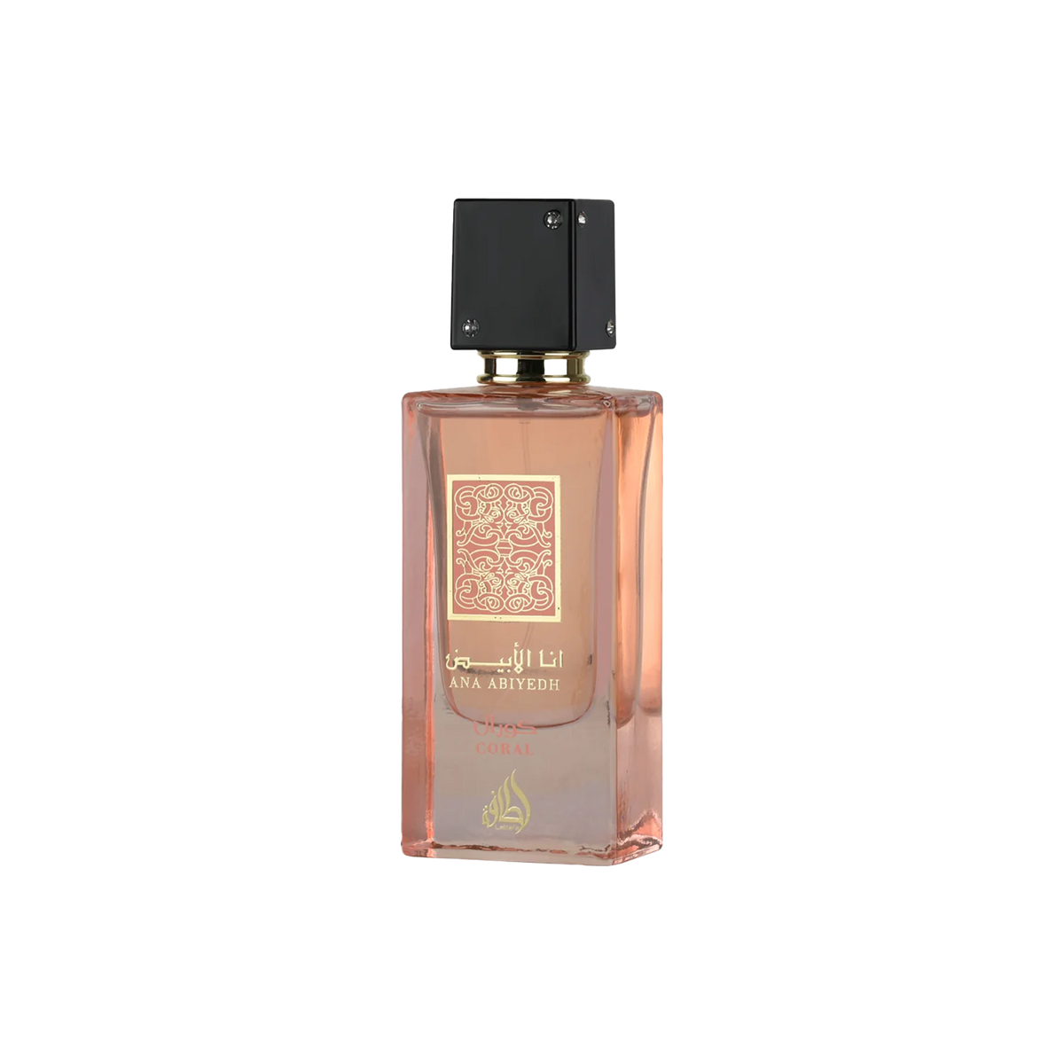 Ana Abiyedh Coral perfume in elegant peach bottle with gold detailing and sleek black cap.