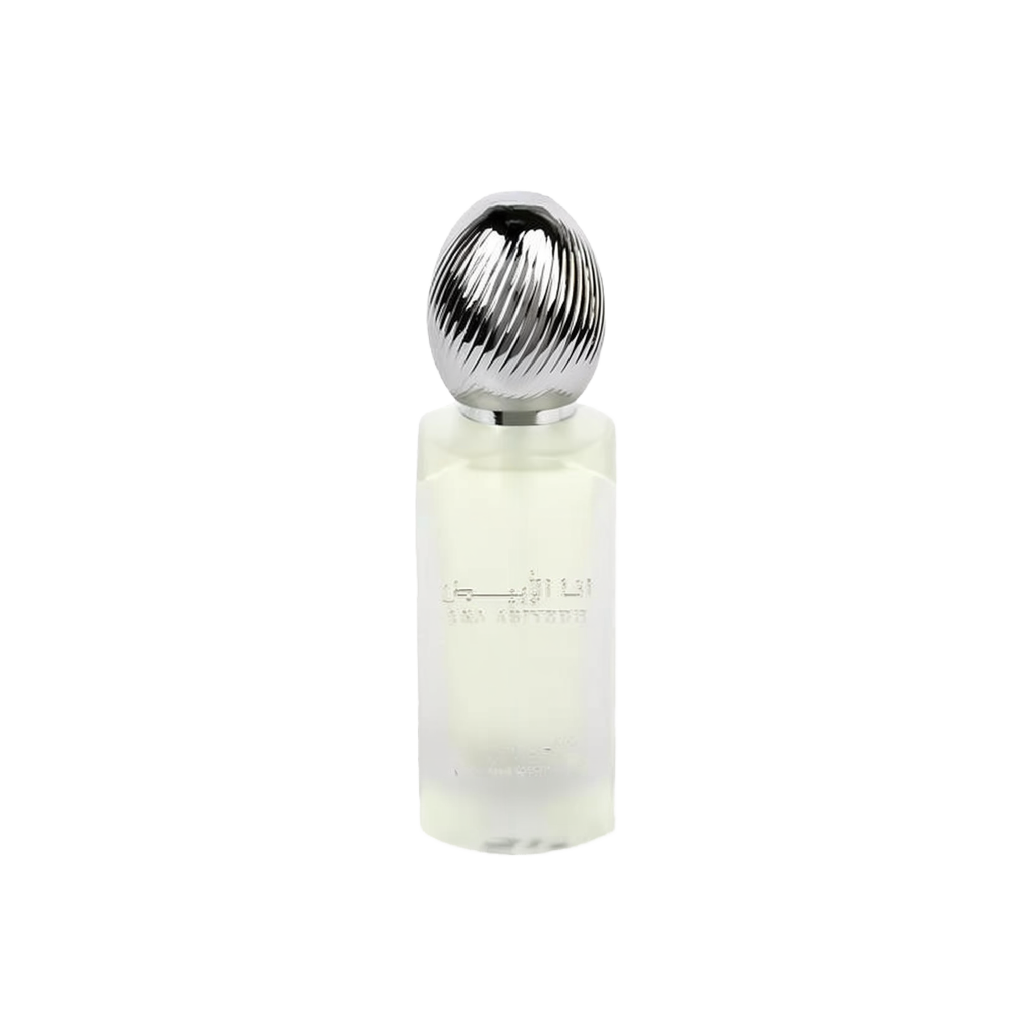 The image shows a frosted glass perfume bottle with a metallic, ribbed cap. The bottle has text in Arabic and English that reads "ANA ABIYEDH" indicating the fragrance name. The design is minimalist and modern, and the translucency of the bottle suggests a light or fresh scent, likely intended as a hair mist, as indicated by the product's volume labeled at the bottom "50ml."