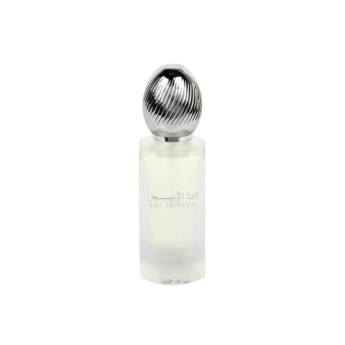  The image shows a frosted glass perfume bottle with a metallic, ribbed cap. The bottle has text in Arabic and English that reads "ANA ABIYEDH" indicating the fragrance name. The design is minimalist and modern, and the translucency of the bottle suggests a light or fresh scent, likely intended as a hair mist, as indicated by the product's volume labeled at the bottom "50ml."