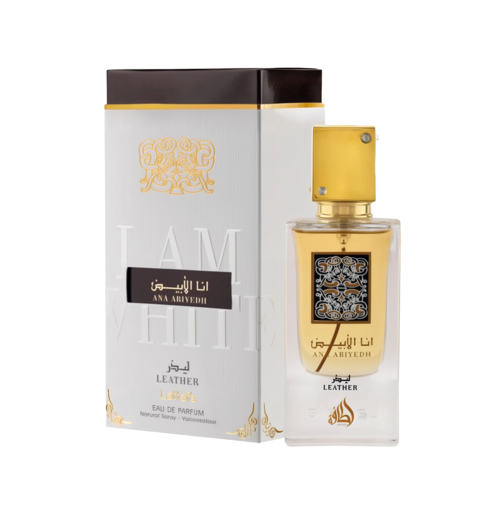 A perfume box and bottle set for 'Ana Abiyedh Leather' by Lattafa. The box is white with gold and black accents, featuring Arabic and English text that reads 'I Am White' in embossed letters. The bottle is clear with a gold label and a square gold cap ado