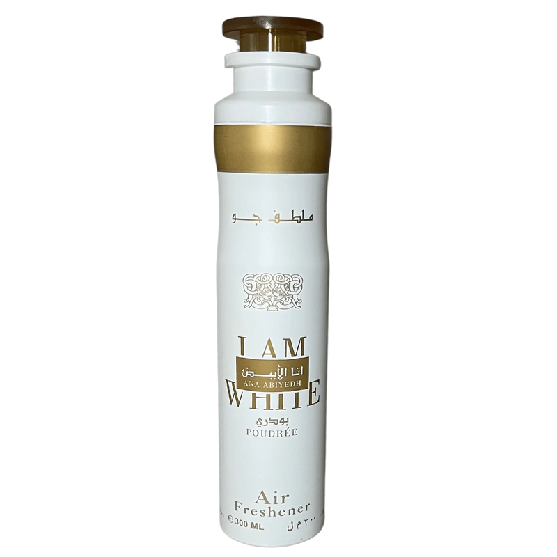 White Ana Abiyedh I Am White Poudrée air freshener can with gold accents.