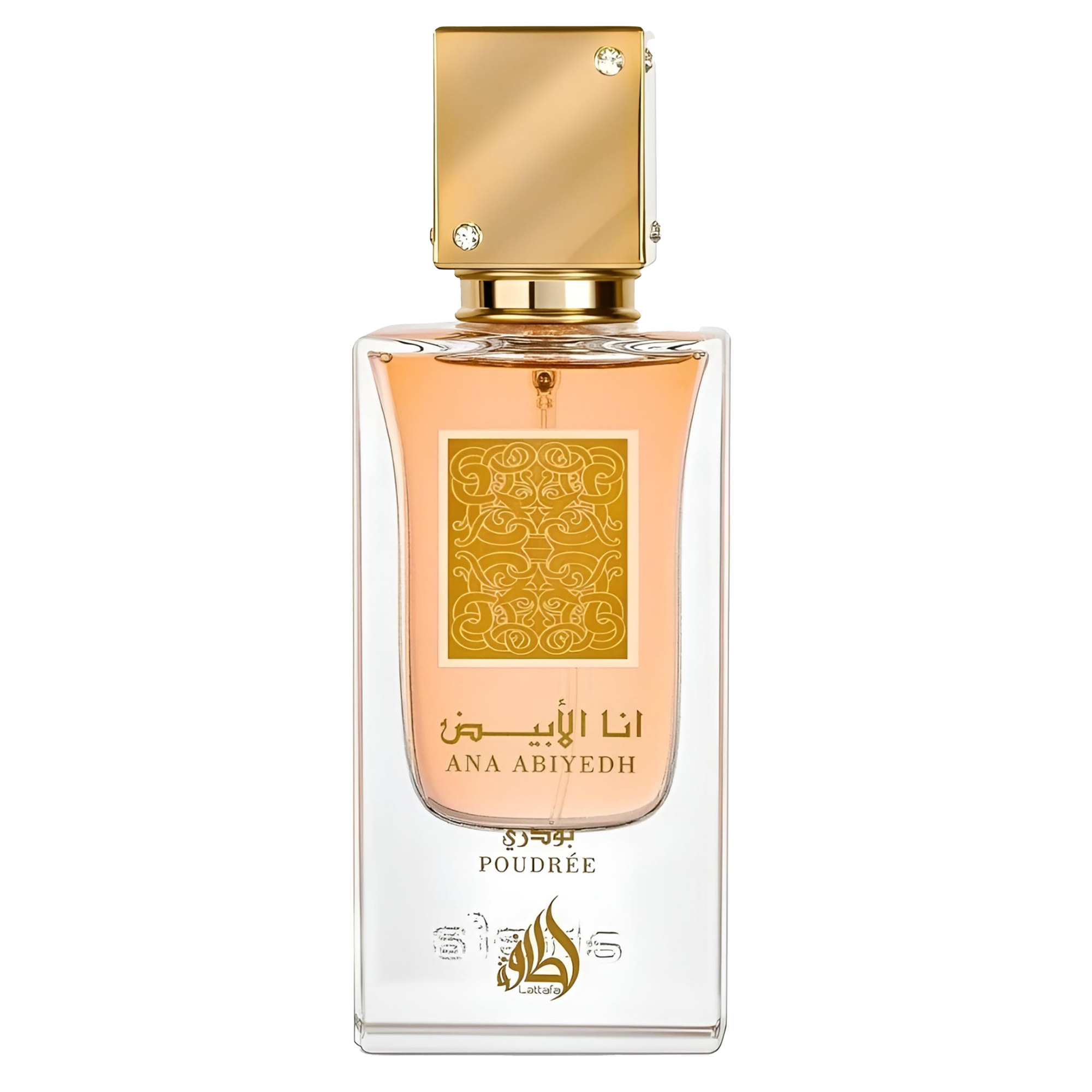 Lattafa Ana Abiyedh Poudrée perfume bottle with gold cap and peach liquid in a clear glass design.