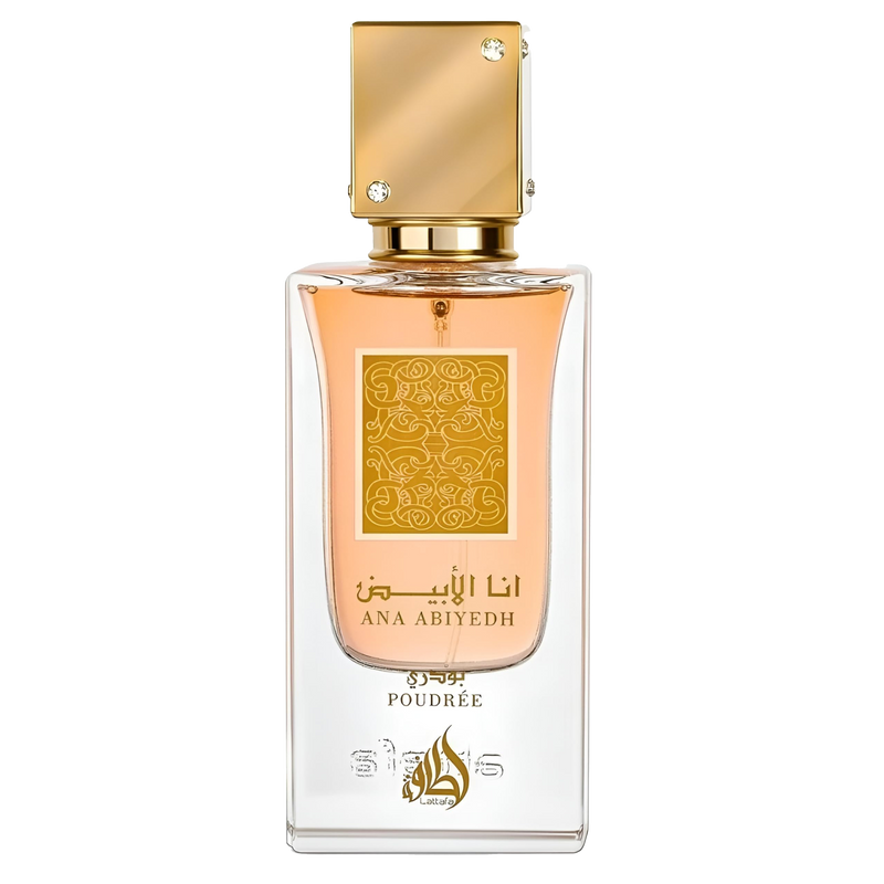 Lattafa Ana Abiyedh Poudrée perfume bottle with gold cap and peach liquid in a clear glass design.