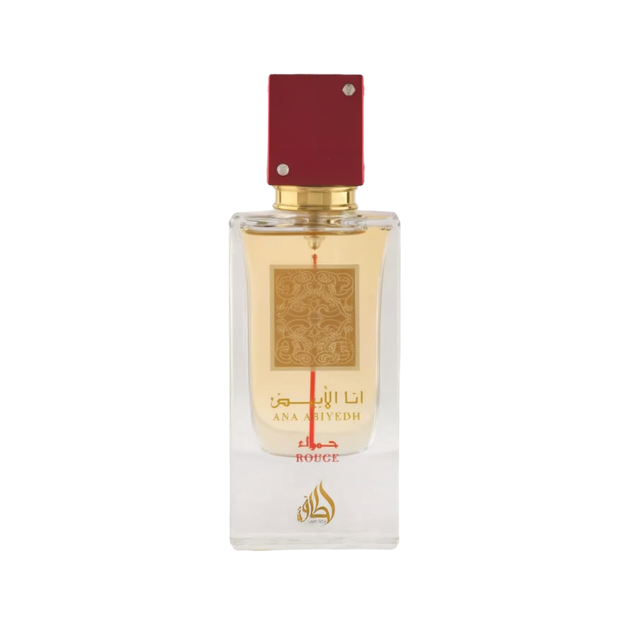 Image of a rectangular clear glass perfume bottle with a red cap embellished with two crystals. The bottle features a gold label with intricate arabesque designs and Arabic calligraphy that reads '??? ????' (Ana Abiyedh), with 'ROUGE' printed in red below. Below the gold label is the brand logo in gold with a flame-like design and the word 'Lattafa'. The perfume liquid appears to be a pale amber color, and the overall design suggests luxury and exotic allure.