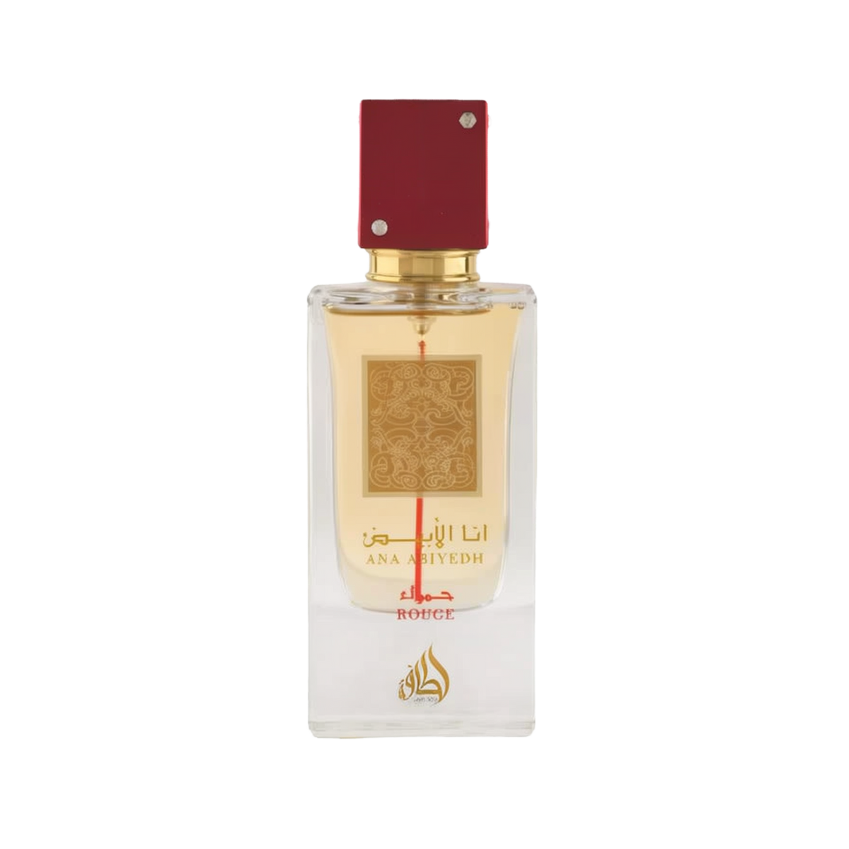 Image of a rectangular clear glass perfume bottle with a red cap embellished with two crystals. The bottle features a gold label with intricate arabesque designs and Arabic calligraphy that reads '??? ????' (Ana Abiyedh), with 'ROUGE' printed in red below. Below the gold label is the brand logo in gold with a flame-like design and the word 'Lattafa'. The perfume liquid appears to be a pale amber color, and the overall design suggests luxury and exotic allure.
