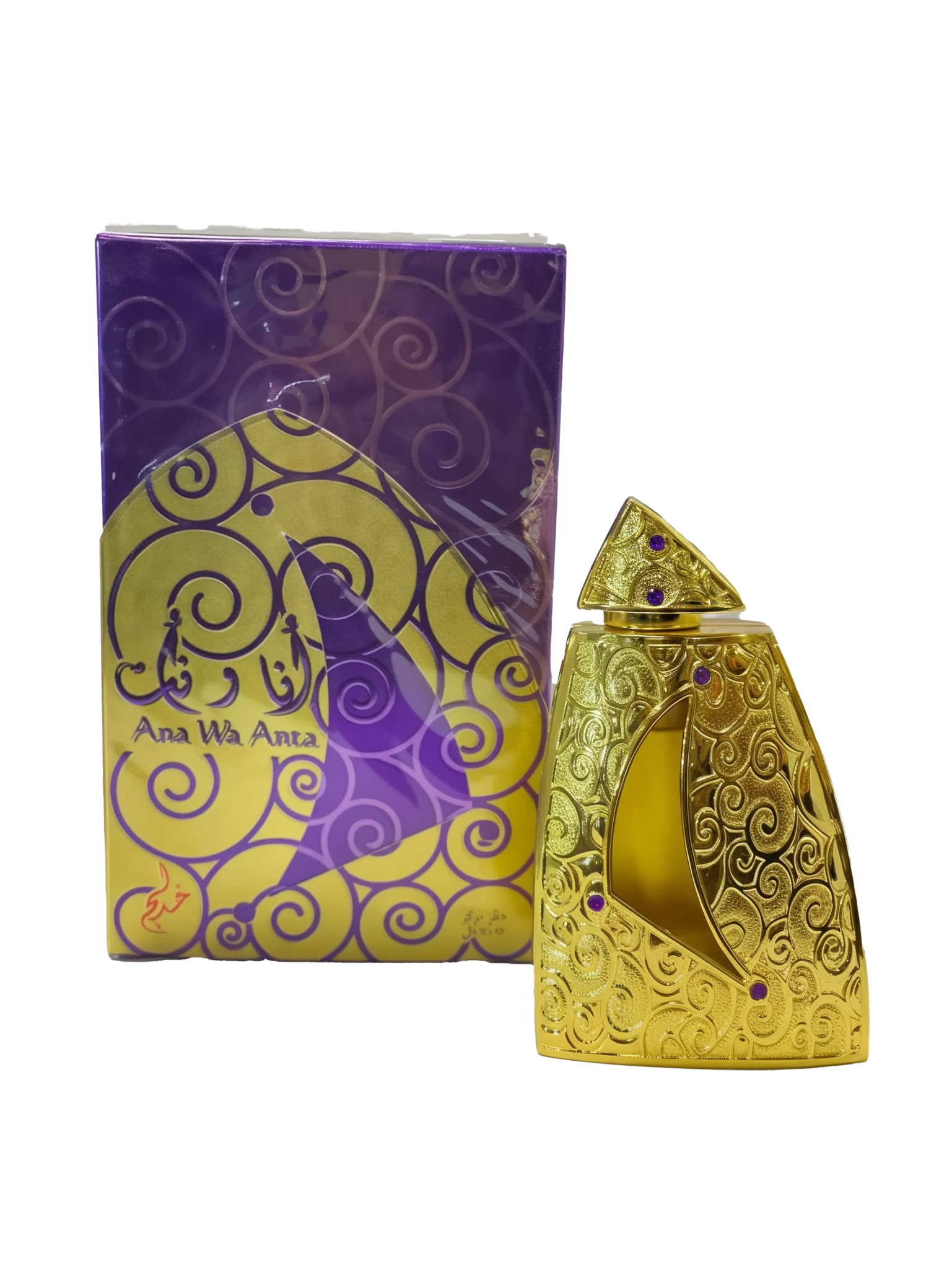 The image shows a product called "Ana Wa Anta" by Khadlaj, which is a concentrated perfume oil. The perfume is housed in a uniquely designed gold bottle adorned with intricate swirling patterns and purple gems. The bottle has a triangular cap and a crescent-shaped window revealing the golden liquid inside. The packaging box features a matching gold and purple design with swirling patterns and the product name "Ana Wa Anta" displayed in both English and Arabic.