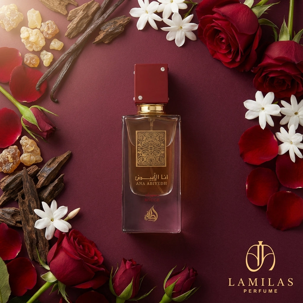 Ana Abiyedh Rouge perfume bottle surrounded by red roses, white jasmine, oud, frankincense, and vanilla on a burgundy background.