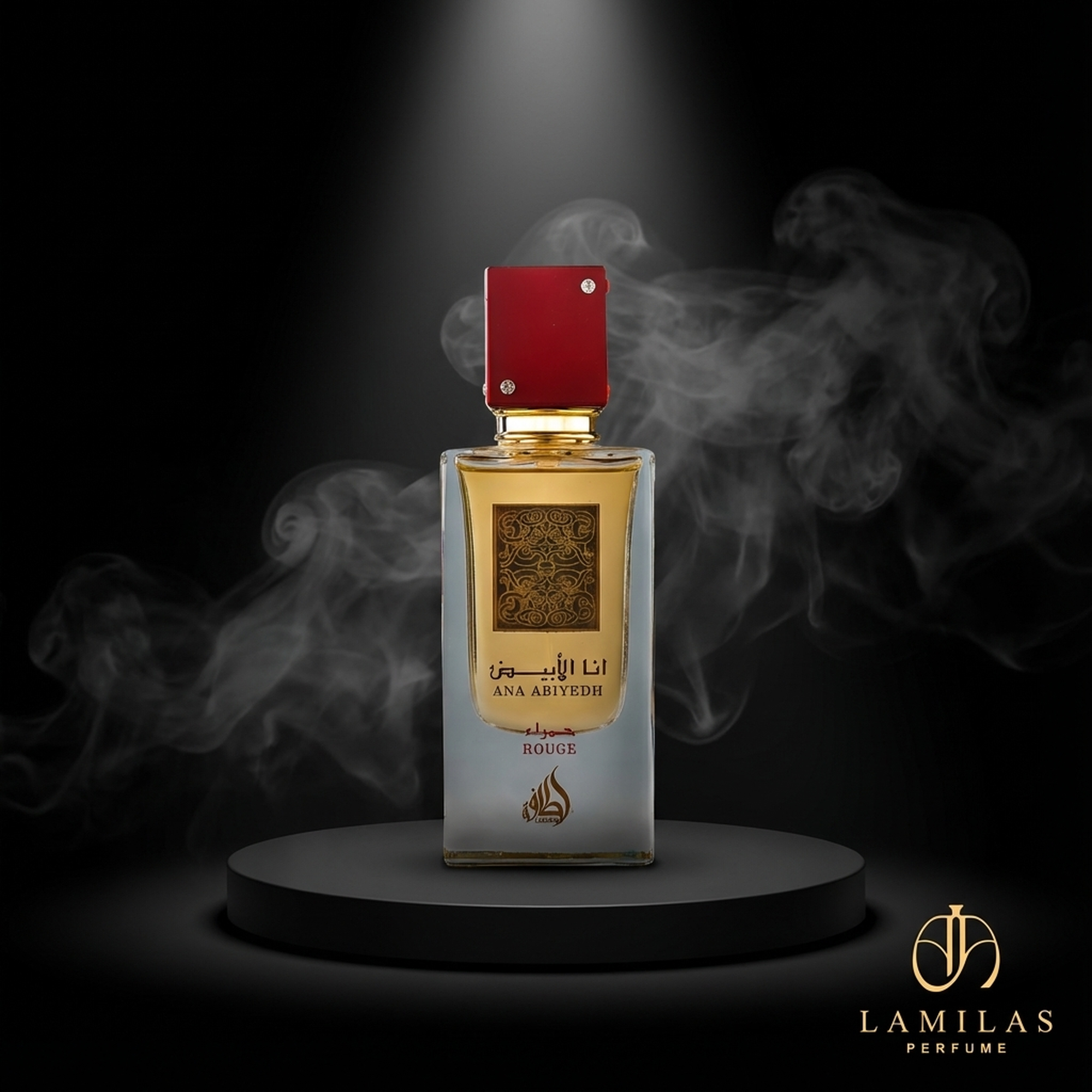 Ana Abiyedh Rouge perfume bottle with a deep red cap, displayed on a black podium amid smoky vapors.