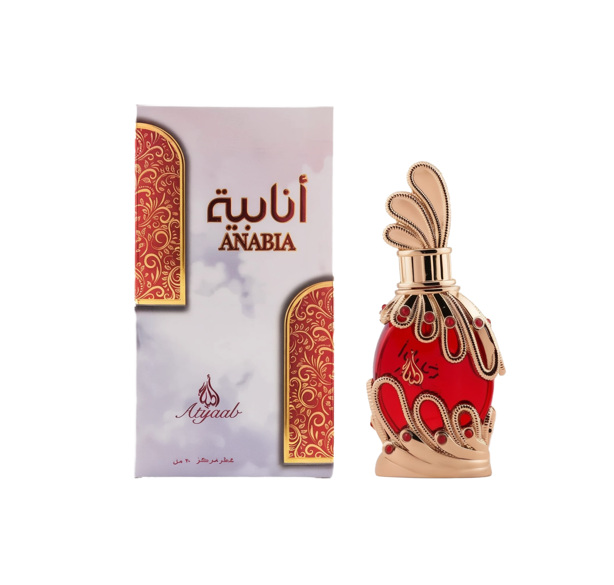 Red glass perfume bottle with ornate gold filigree and red rhinestone accents labeled 'Anabia,' displayed beside its matching decorative box.