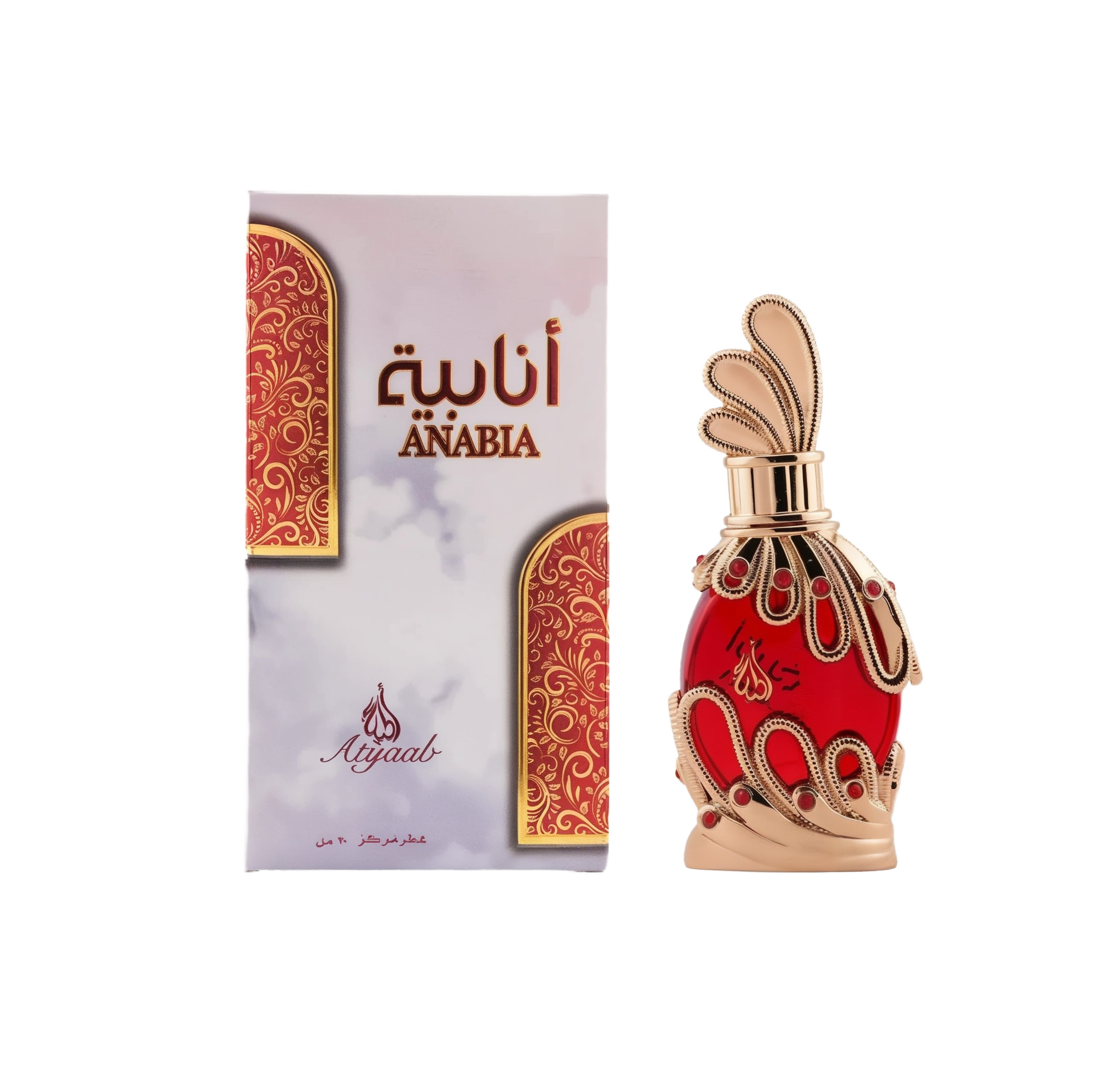 Red glass perfume bottle with ornate gold filigree and red rhinestone accents labeled 'Anabia,' displayed beside its matching decorative box.