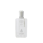 This image shows a sleek white perfume bottle named Aneeq Intense by DKHAN Fragrances. The bottle, which contains 100 ml or 3.38 fl. oz. of perfume at 80% volume, has a modern and elegant design with clean lines. It features a geometric, faceted cap and a simple label with the fragrance's name and the brand's logo, which includes a heart inside a diamond shape. A small, beige tag is attached to the neck of the bottle, adding a subtle touch of luxury.