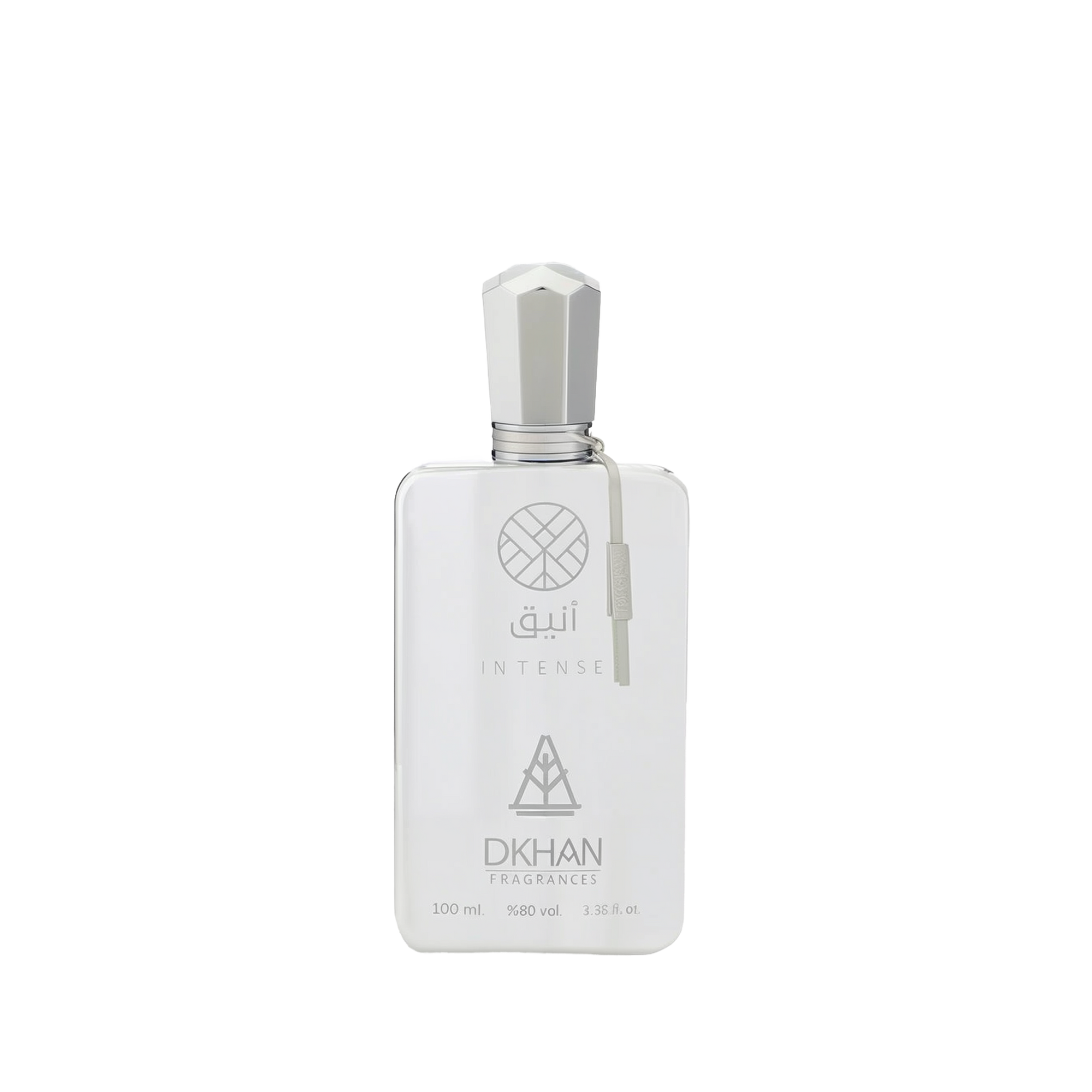 This image shows a sleek white perfume bottle named Aneeq Intense by DKHAN Fragrances. The bottle, which contains 100 ml or 3.38 fl. oz. of perfume at 80% volume, has a modern and elegant design with clean lines. It features a geometric, faceted cap and a simple label with the fragrance's name and the brand's logo, which includes a heart inside a diamond shape. A small, beige tag is attached to the neck of the bottle, adding a subtle touch of luxury.