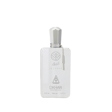 This image shows a sleek white perfume bottle named Aneeq Intense by DKHAN Fragrances. The bottle, which contains 100 ml or 3.38 fl. oz. of perfume at 80% volume, has a modern and elegant design with clean lines. It features a geometric, faceted cap and a simple label with the fragrance's name and the brand's logo, which includes a heart inside a diamond shape. A small, beige tag is attached to the neck of the bottle, adding a subtle touch of luxury.