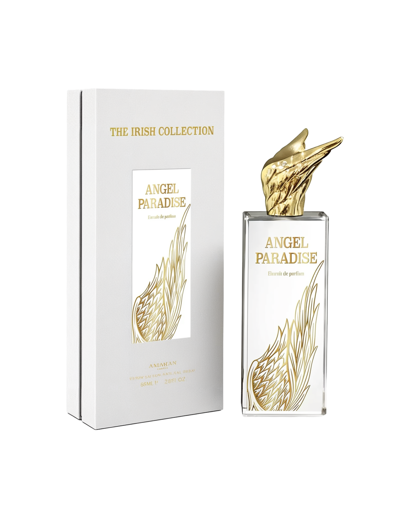 A rectangular glass perfume bottle labeled “Angel Paradise” with a gold wing-shaped cap and matching wing graphic on the front, shown beside a white box with gold text reading “Angel Paradise” and “The Irish Collection” by Amaran, indicating 85ml (2.8 fl oz) Eau De Parfum.