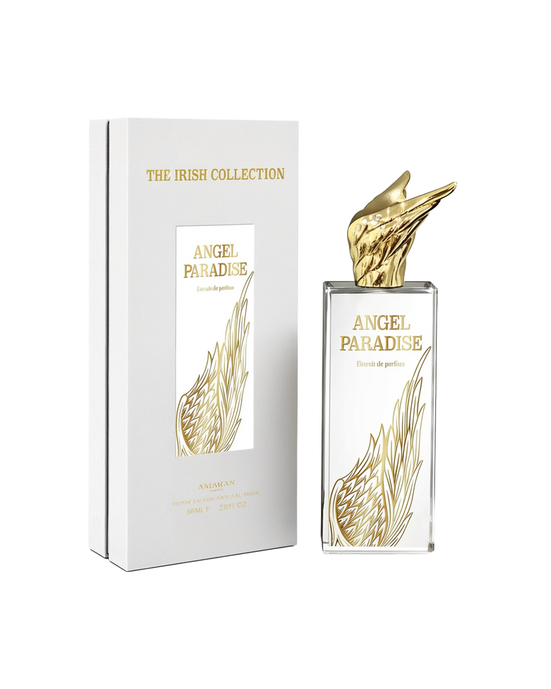A rectangular glass perfume bottle labeled “Angel Paradise” with a gold wing-shaped cap and matching wing graphic on the front, shown beside a white box with gold text reading “Angel Paradise” and “The Irish Collection” by Amaran, indicating 85ml (2.8 fl oz) Eau De Parfum.