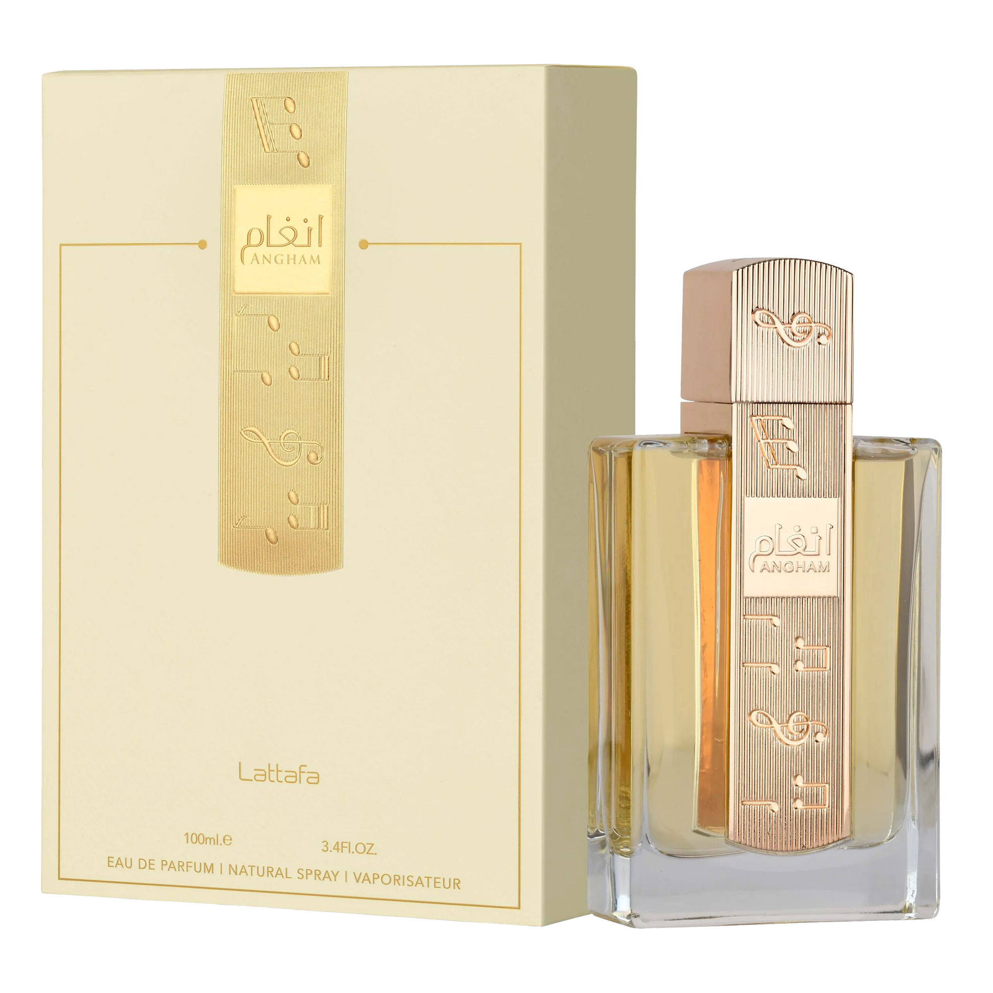 Lattafa Angham, comes in a clear rectangular glass bottle with a gold cap engraved with musical notes and Arabic calligraphy.