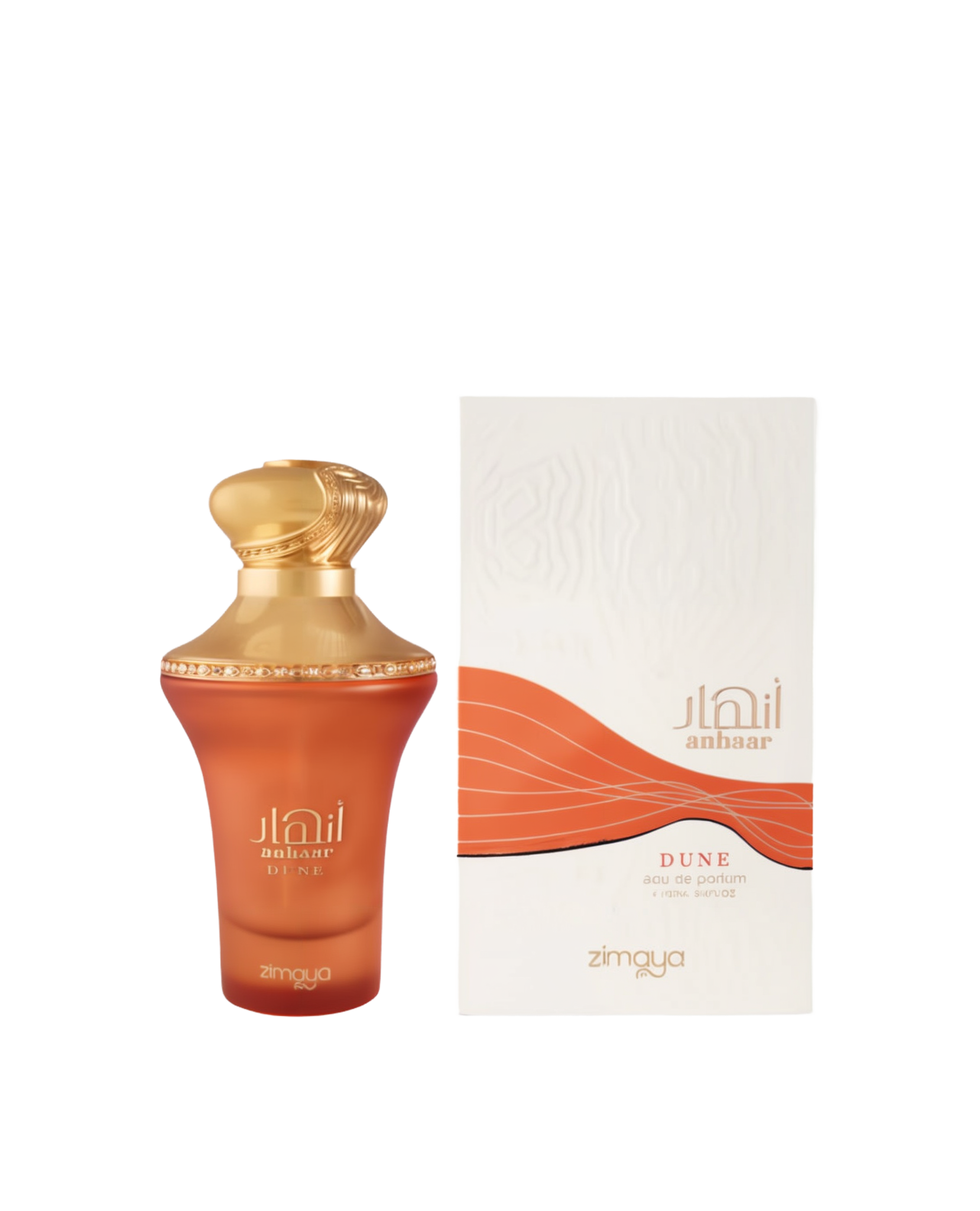A bottle and packaging of Anhaar Dune Eau De Parfum by Zimaya. The bottle features a warm amber-orange frosted glass with a curvy silhouette, topped with an ornate golden cap and trim. The front displays the name "Anhaar Dune" and the Zimaya logo in gold lettering. The accompanying box is white with an embossed texture and a flowing orange wave design, reflecting a desert-inspired, earthy theme.
