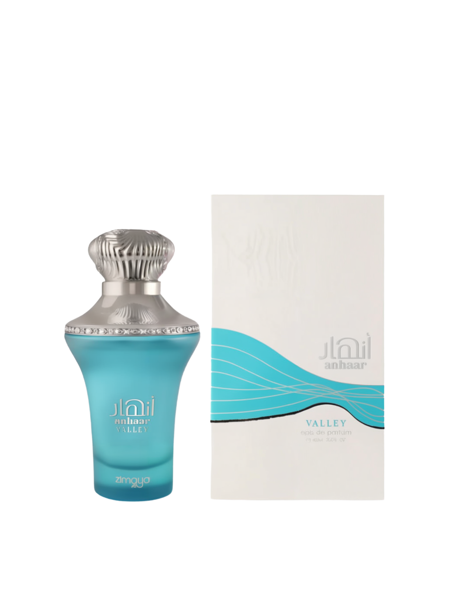 A bottle and packaging of Anhaar Valley Eau De Parfum by Zimaya. The perfume bottle is a sleek, curvy design in frosted aqua blue glass, topped with a detailed metallic silver cap and rim. The front displays the name "Anhaar Valley" in elegant white text with the Zimaya logo. The box is white with a minimalist wave graphic in turquoise and silver, reinforcing the fragrance's fresh, aquatic theme.