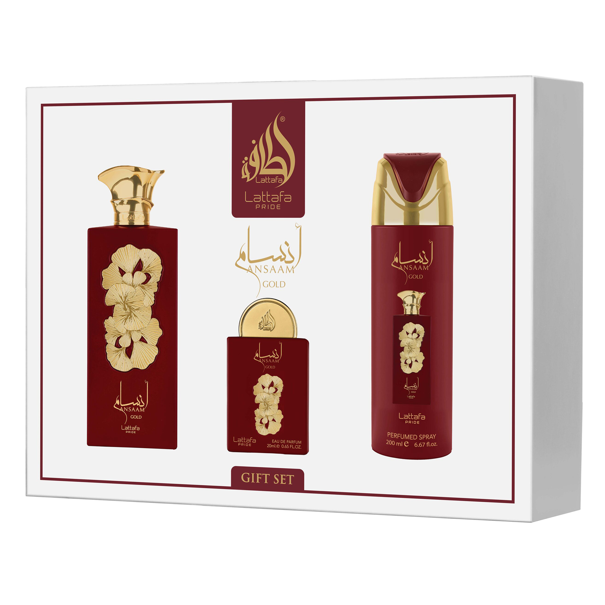 Lattafa Pride Ansaam Gold 3-piece gift set with maroon and gold perfume bottles and body spray in a white box.